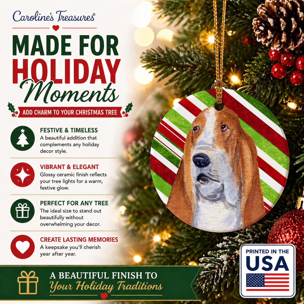 Basset Hound Candy Cane Holiday Christmas Ceramic Ornament Christmas Tree Hanging Decorations for Home Christmas Holiday, Party, Gift, 3 in, Multicolor