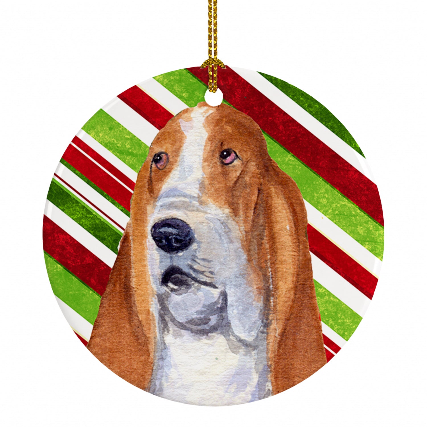 Basset Hound Candy Cane Holiday Christmas Ceramic Ornament Christmas Tree Hanging Decorations for Home Christmas Holiday, Party, Gift, 3 in, Multicolor