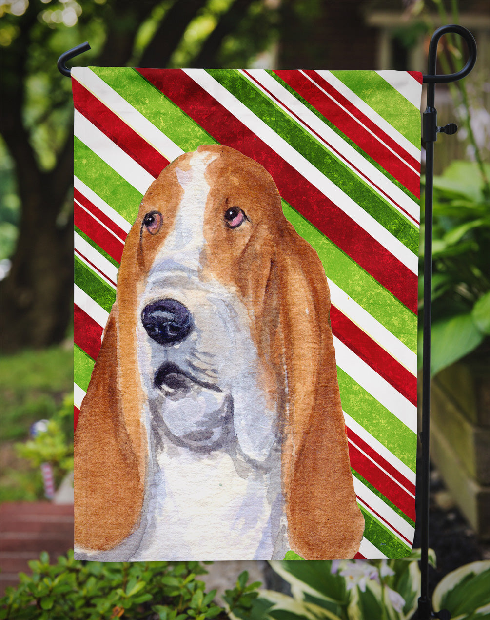 Basset Hound Candy Cane Holiday Christmas Garden Flag Mailbox Decorative Yard Banner Outside Patio Artwork for Flower Beds, Garden Size, Multicolor