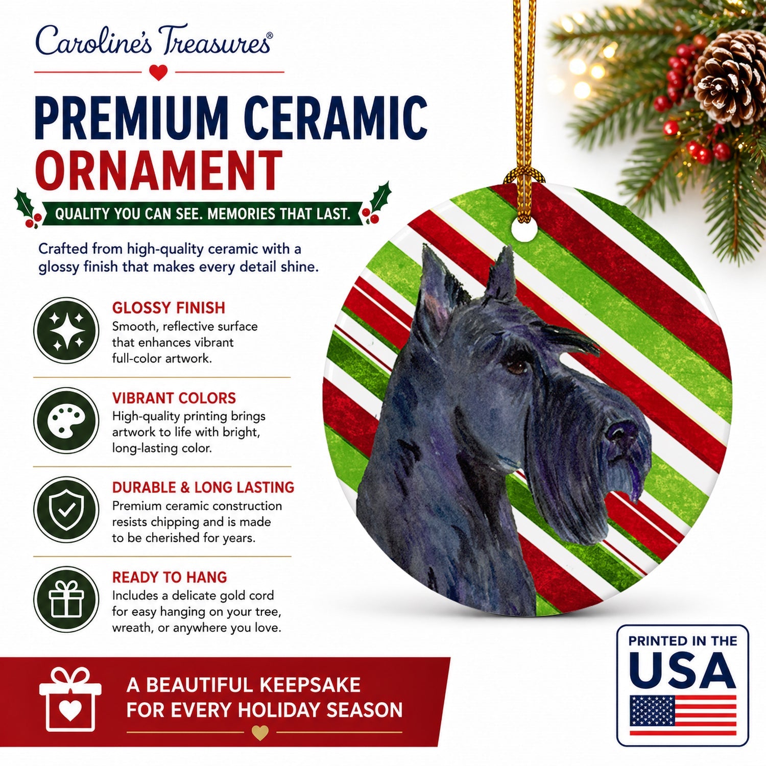 Scottish Terrier Candy Cane Holiday Christmas Ceramic Ornament Christmas Tree Hanging Decorations for Home Christmas Holiday, Party, Gift, 3 in, Multicolor