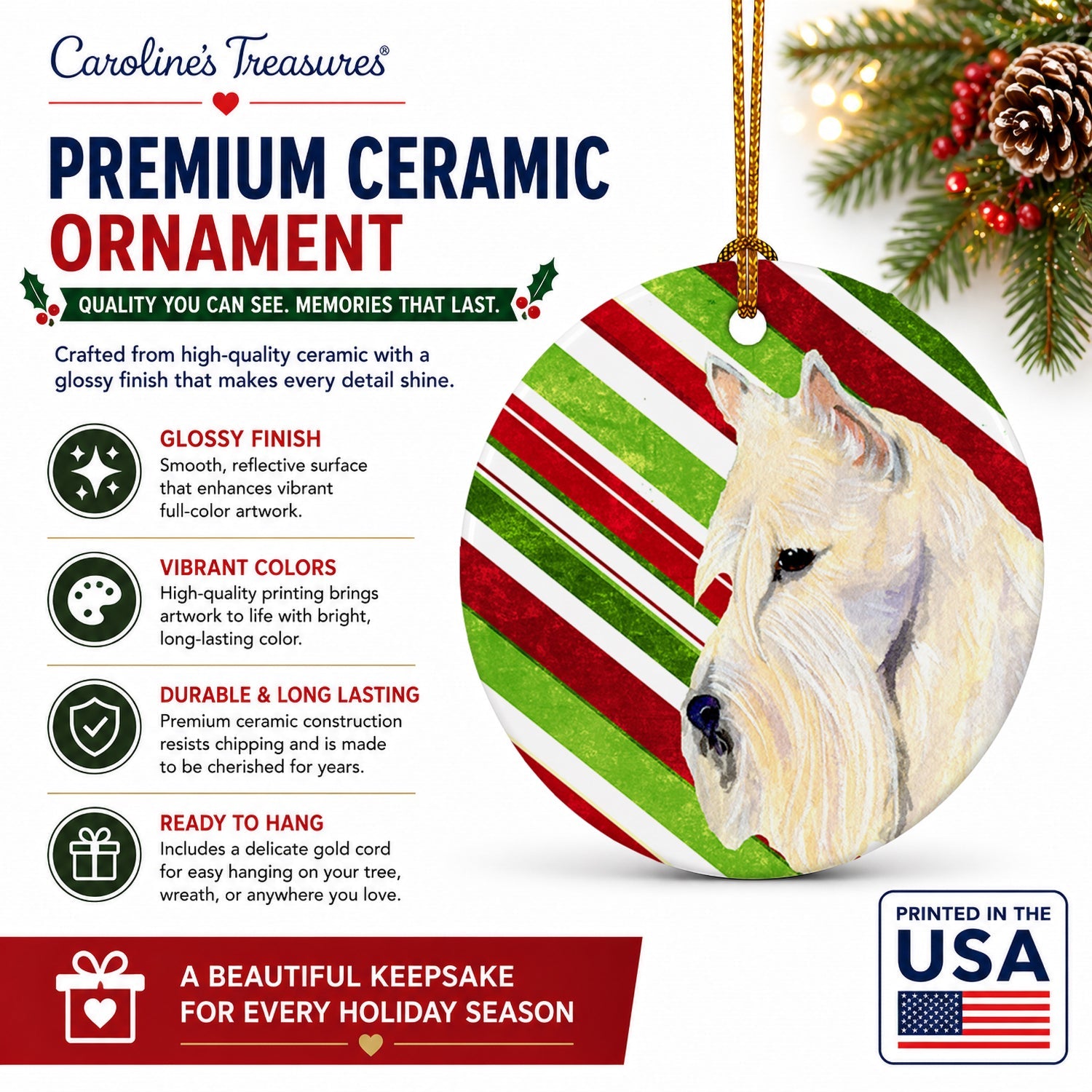 Scottish Terrier Candy Cane Holiday Christmas Ceramic Ornament Christmas Tree Hanging Decorations for Home Christmas Holiday, Party, Gift, 3 in, Multicolor
