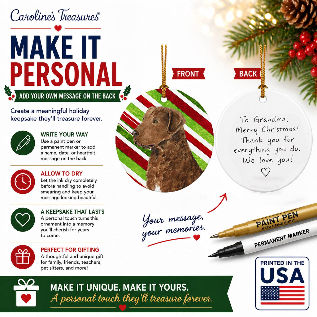 Chesapeake Bay Retriever Candy Cane Holiday Christmas Ceramic Ornament Christmas Tree Hanging Decorations for Home Christmas Holiday, Party, Gift, 3 in, Multicolor