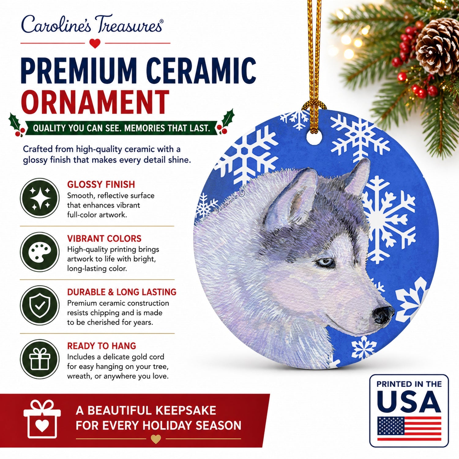 Siberian Husky Winter Snowflakes Holiday Ceramic Ornament Christmas Tree Hanging Decorations for Home Christmas Holiday, Party, Gift, 3 in, Multicolor