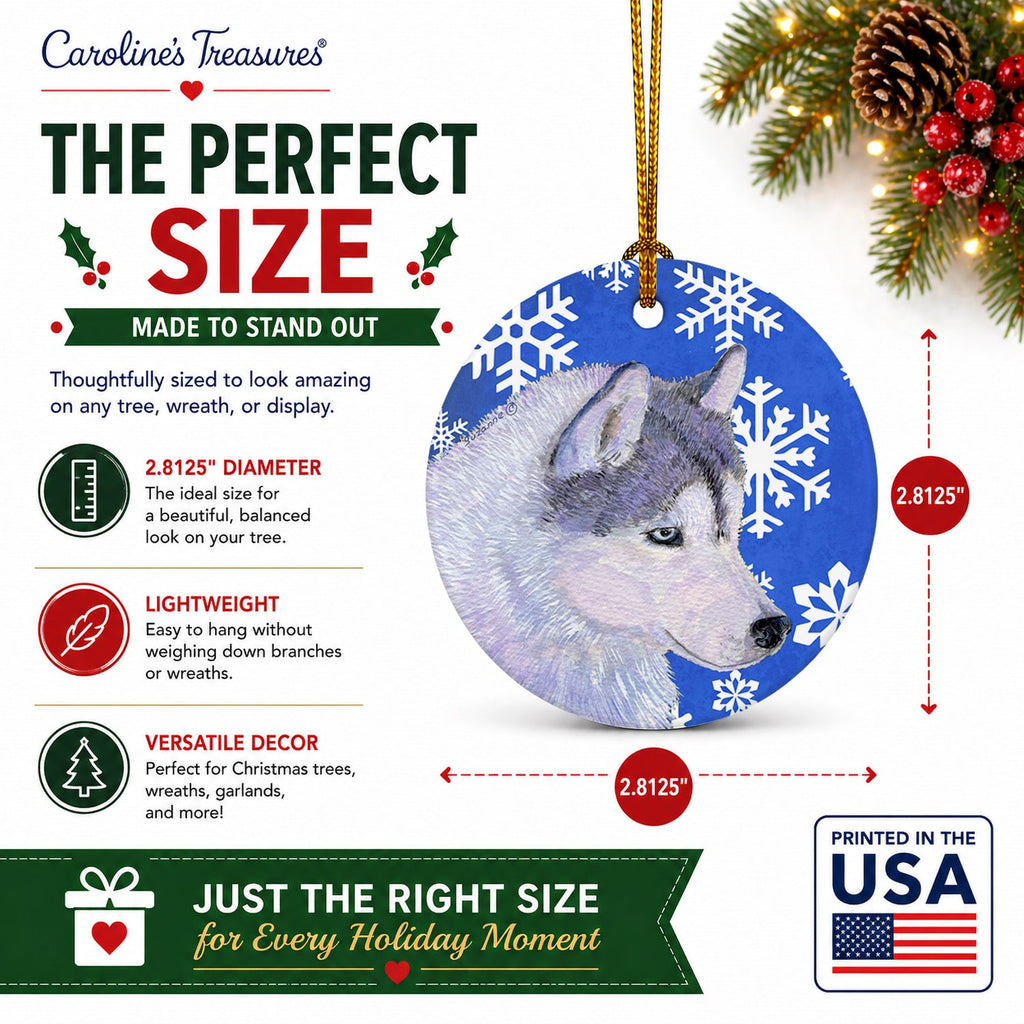 Siberian Husky Winter Snowflakes Holiday Ceramic Ornament Christmas Tree Hanging Decorations for Home Christmas Holiday, Party, Gift, 3 in, Multicolor