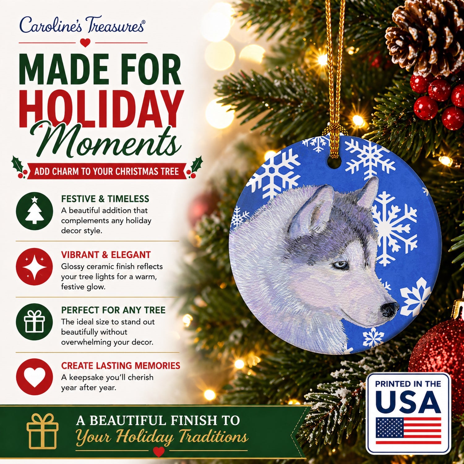 Siberian Husky Winter Snowflakes Holiday Ceramic Ornament Christmas Tree Hanging Decorations for Home Christmas Holiday, Party, Gift, 3 in, Multicolor