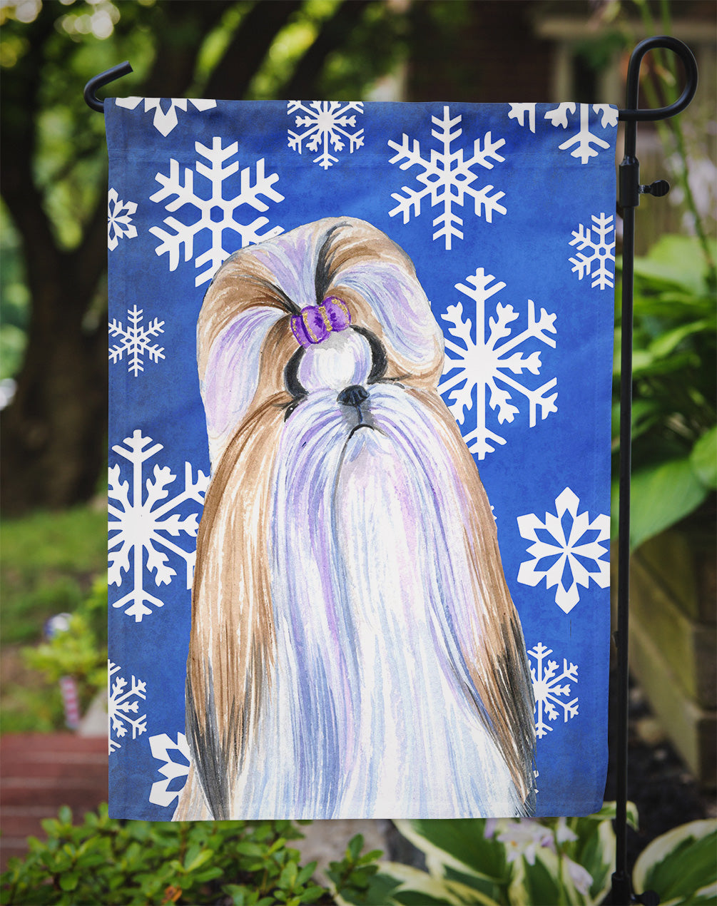Shih Tzu Winter Snowflakes Holiday Garden Flag Mailbox Decorative Yard Banner Outside Patio Artwork for Flower Beds, Garden Size, Multicolor