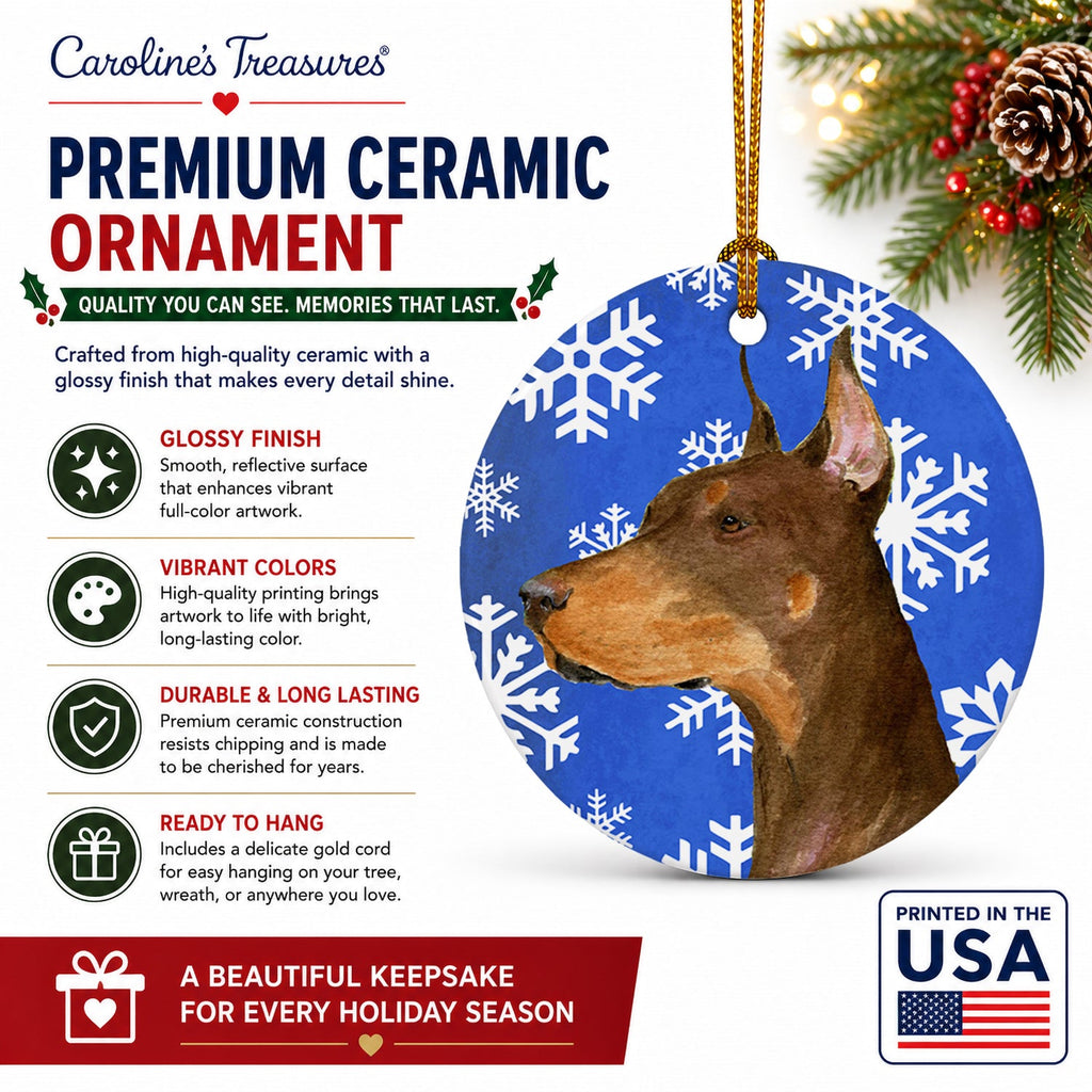 Doberman Winter Snowflakes Holiday Ceramic Ornament Christmas Tree Hanging Decorations for Home Christmas Holiday, Party, Gift, 3 in, Multicolor