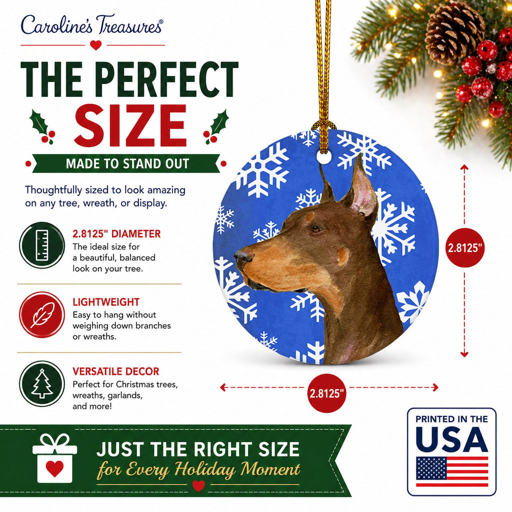 Doberman Winter Snowflakes Holiday Ceramic Ornament Christmas Tree Hanging Decorations for Home Christmas Holiday, Party, Gift, 3 in, Multicolor
