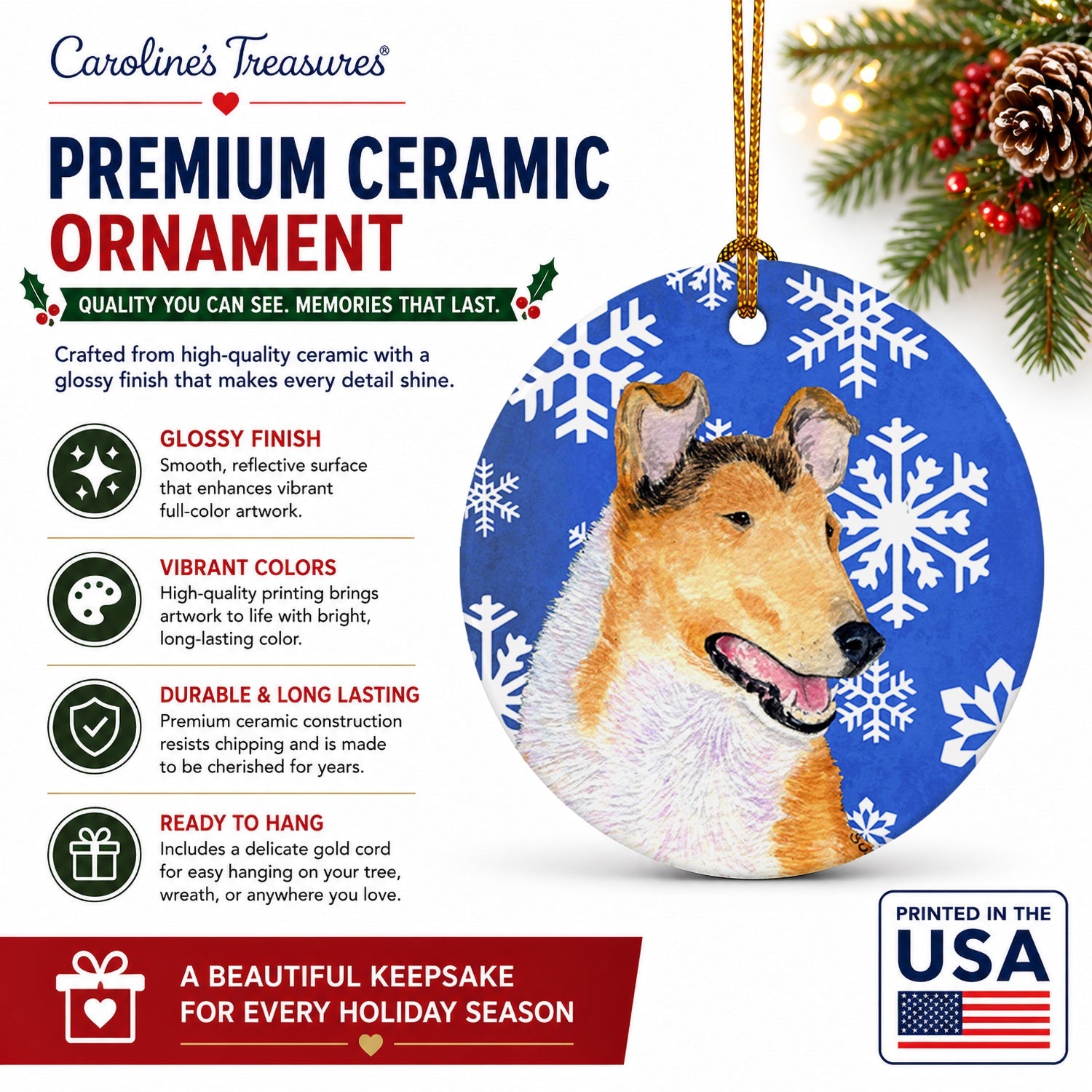 Collie Smooth Winter Snowflakes Holiday Ceramic Ornament Christmas Tree Hanging Decorations for Home Christmas Holiday, Party, Gift, 3 in, Multicolor