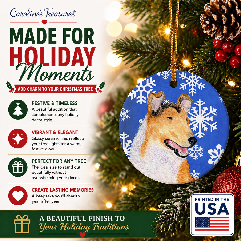Collie Smooth Winter Snowflakes Holiday Ceramic Ornament Christmas Tree Hanging Decorations for Home Christmas Holiday, Party, Gift, 3 in, Multicolor