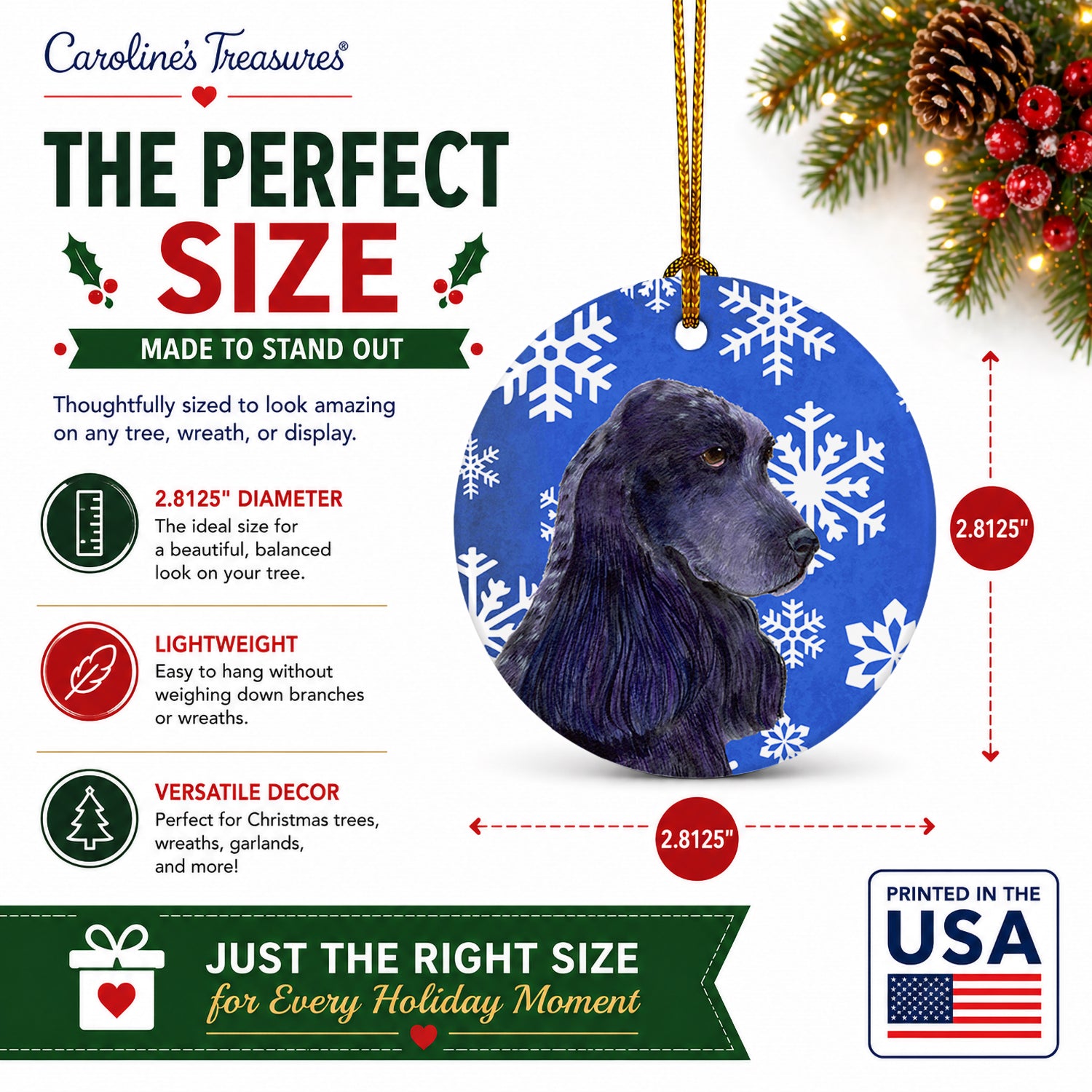 Cocker Spaniel Winter Snowflakes Holiday Ceramic Ornament Christmas Tree Hanging Decorations for Home Christmas Holiday, Party, Gift, 3 in, Multicolor