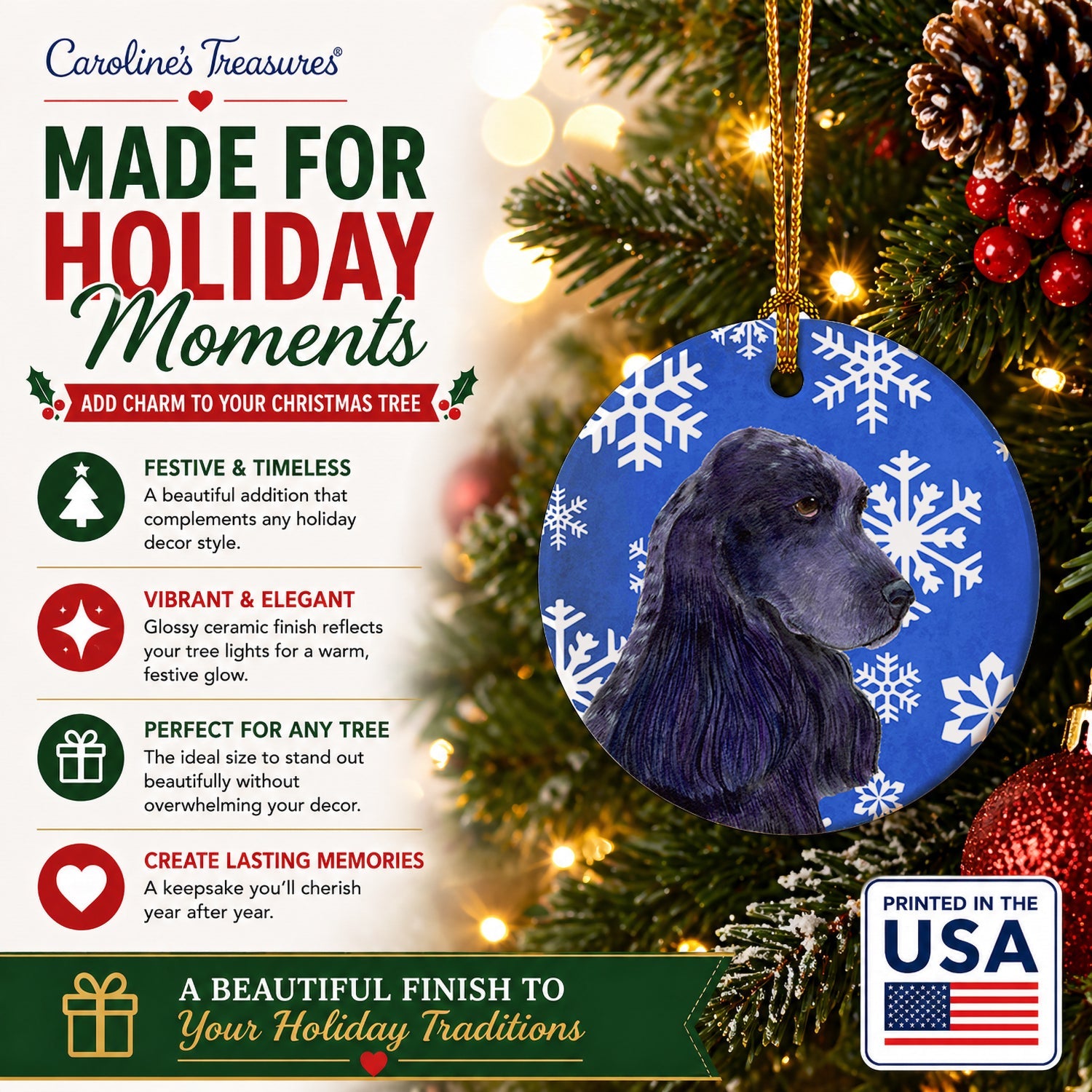 Cocker Spaniel Winter Snowflakes Holiday Ceramic Ornament Christmas Tree Hanging Decorations for Home Christmas Holiday, Party, Gift, 3 in, Multicolor