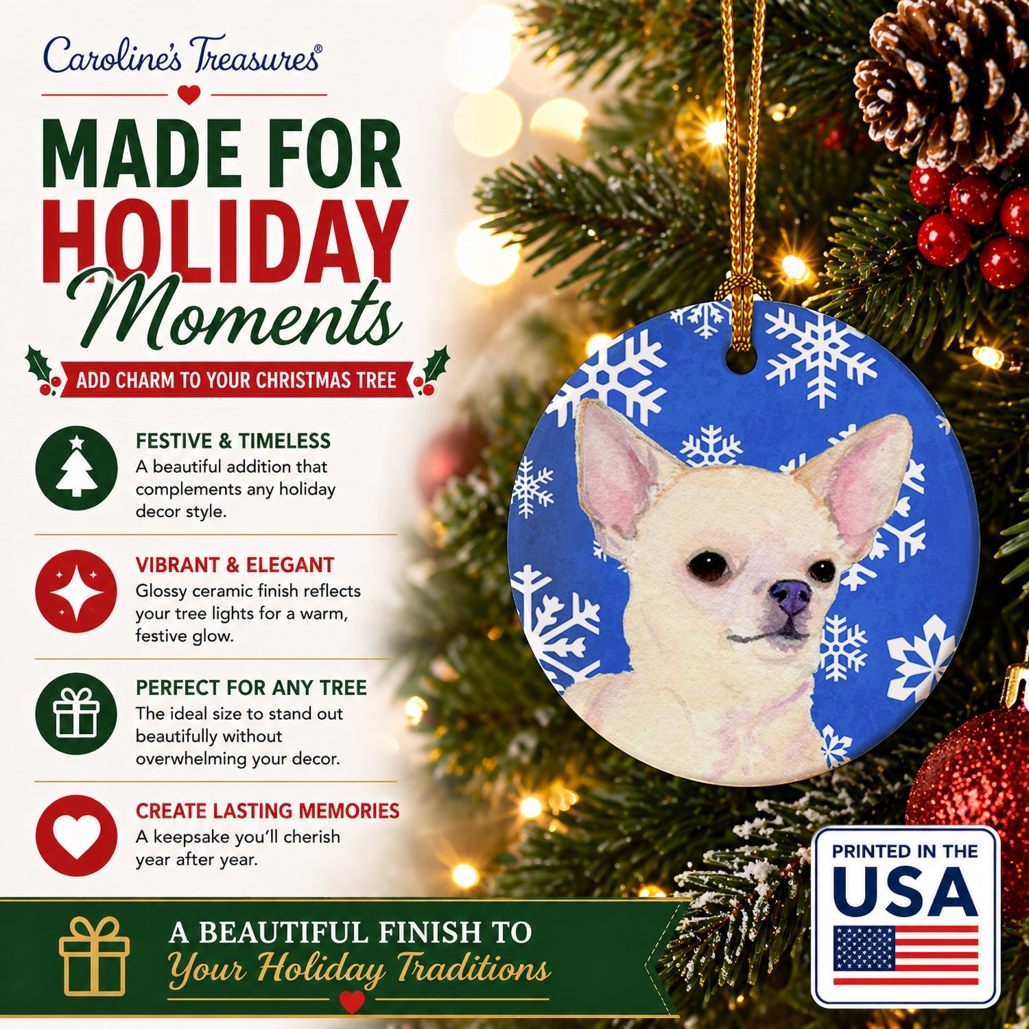 Chihuahua Winter Snowflakes Holiday Ceramic Ornament Christmas Tree Hanging Decorations for Home Christmas Holiday, Party, Gift, 3 in, Multicolor