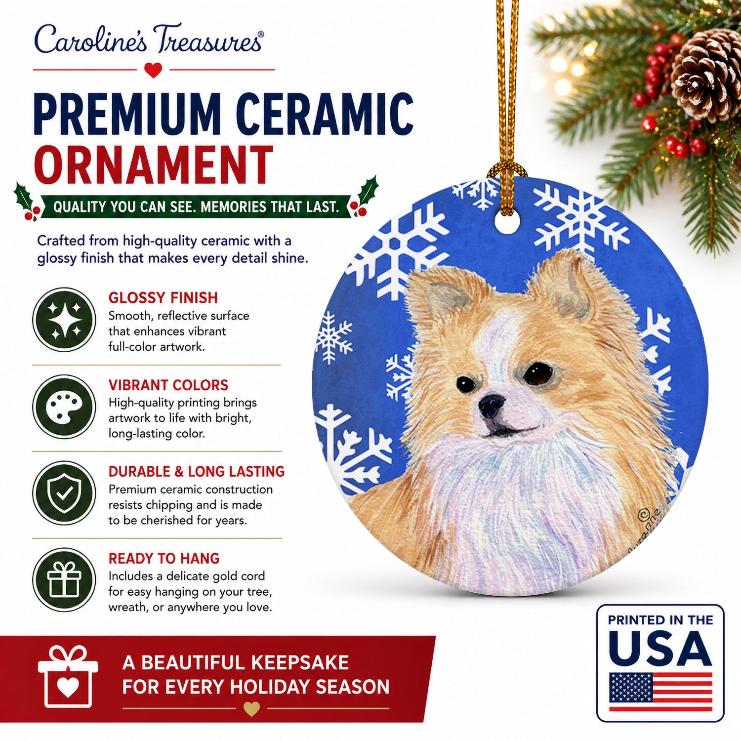 Chihuahua Winter Snowflakes Holiday Ceramic Ornament Christmas Tree Hanging Decorations for Home Christmas Holiday, Party, Gift, 3 in, Multicolor