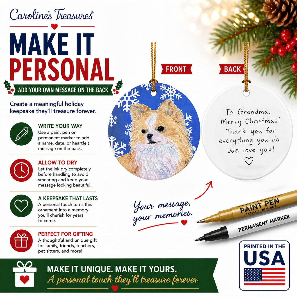 Chihuahua Winter Snowflakes Holiday Ceramic Ornament Christmas Tree Hanging Decorations for Home Christmas Holiday, Party, Gift, 3 in, Multicolor