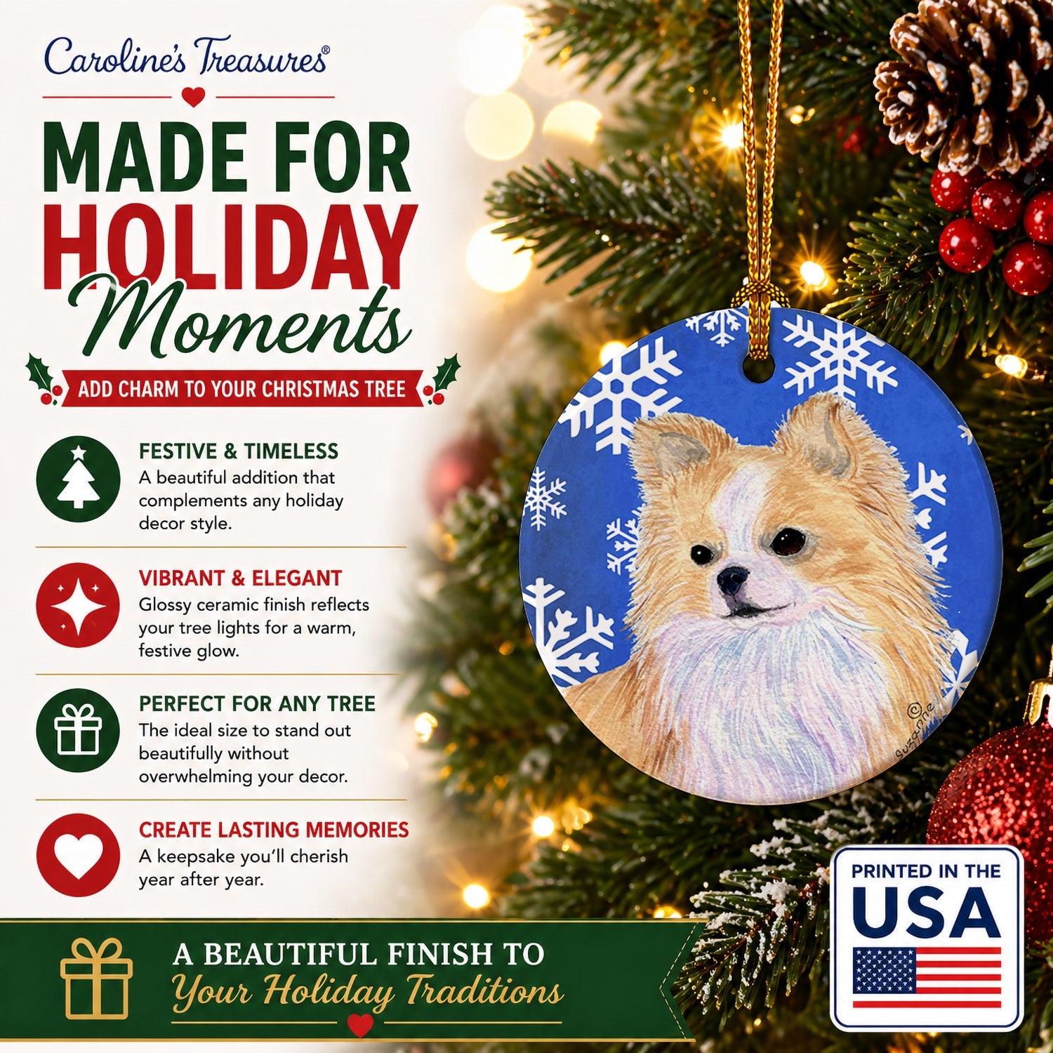 Chihuahua Winter Snowflakes Holiday Ceramic Ornament Christmas Tree Hanging Decorations for Home Christmas Holiday, Party, Gift, 3 in, Multicolor