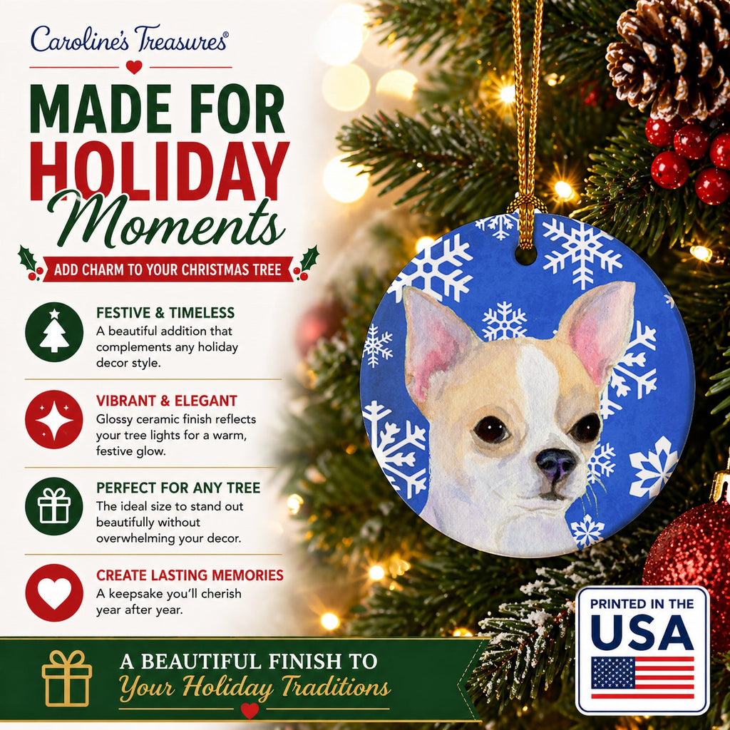 Chihuahua Winter Snowflakes Holiday Ceramic Ornament Christmas Tree Hanging Decorations for Home Christmas Holiday, Party, Gift, 3 in, Multicolor