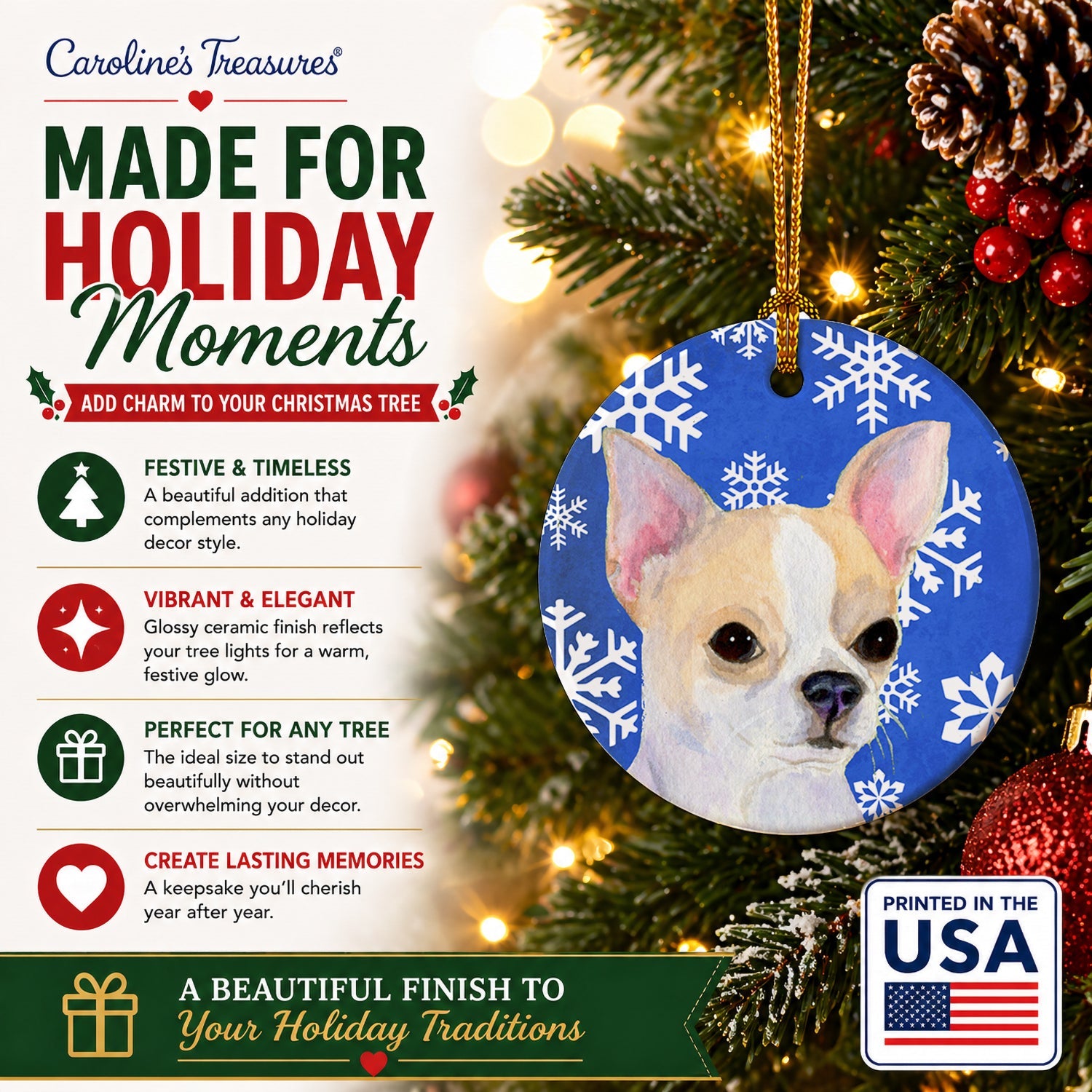 Chihuahua Winter Snowflakes Holiday Ceramic Ornament Christmas Tree Hanging Decorations for Home Christmas Holiday, Party, Gift, 3 in, Multicolor