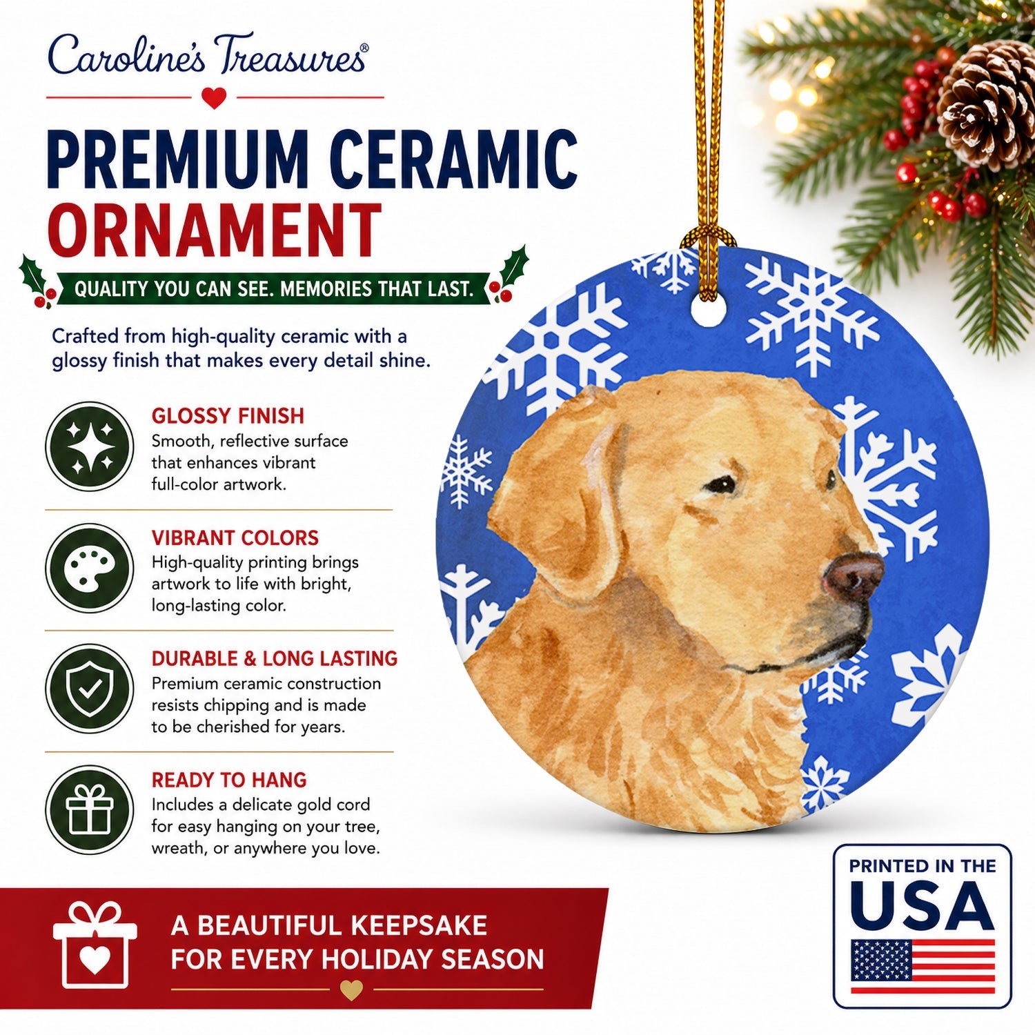 Golden Retriever Winter Snowflakes Holiday Ceramic Ornament Christmas Tree Hanging Decorations for Home Christmas Holiday, Party, Gift, 3 in, Multicolor