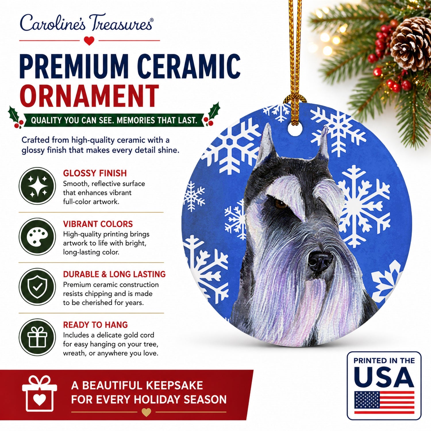 Schnauzer Winter Snowflakes Holiday Ceramic Ornament Christmas Tree Hanging Decorations for Home Christmas Holiday, Party, Gift, 3 in, Multicolor