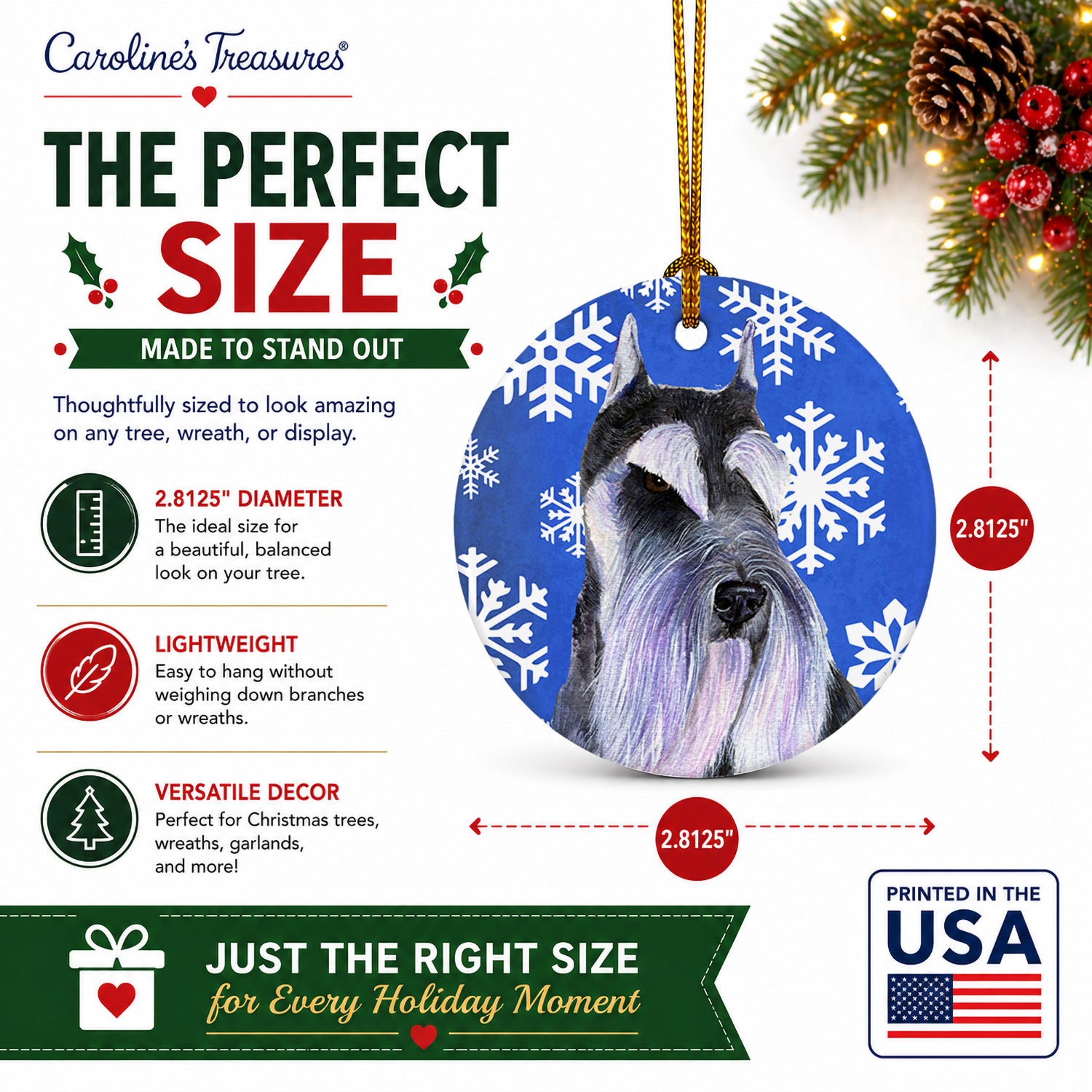 Schnauzer Winter Snowflakes Holiday Ceramic Ornament Christmas Tree Hanging Decorations for Home Christmas Holiday, Party, Gift, 3 in, Multicolor