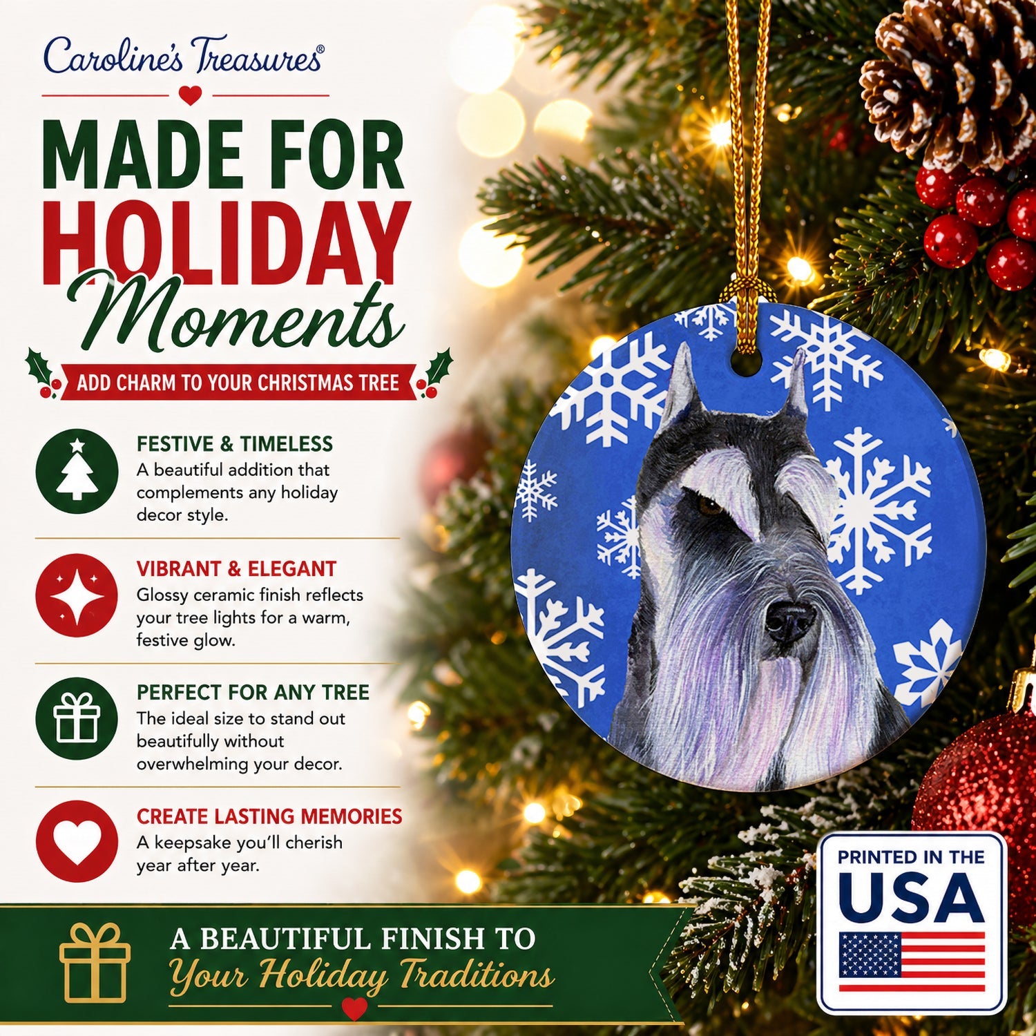Schnauzer Winter Snowflakes Holiday Ceramic Ornament Christmas Tree Hanging Decorations for Home Christmas Holiday, Party, Gift, 3 in, Multicolor