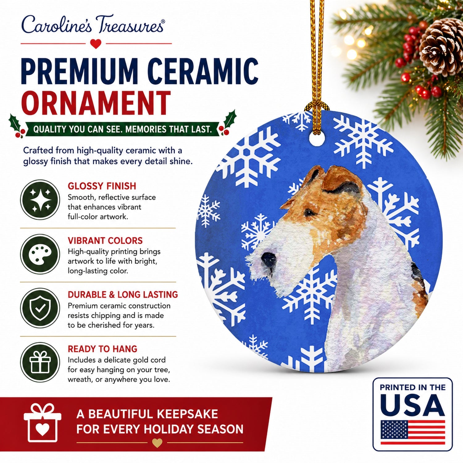 Fox Terrier Winter Snowflakes Holiday Ceramic Ornament Christmas Tree Hanging Decorations for Home Christmas Holiday, Party, Gift, 3 in, Multicolor
