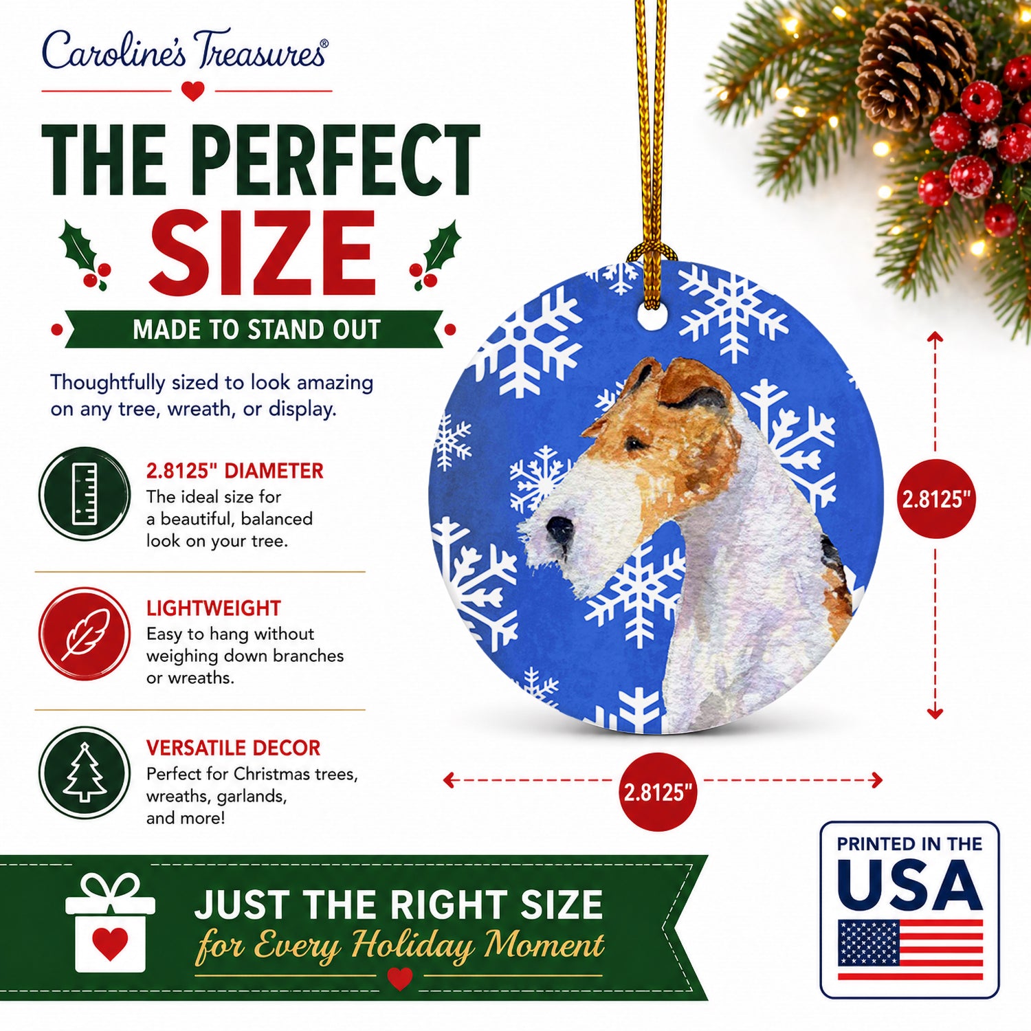 Fox Terrier Winter Snowflakes Holiday Ceramic Ornament Christmas Tree Hanging Decorations for Home Christmas Holiday, Party, Gift, 3 in, Multicolor