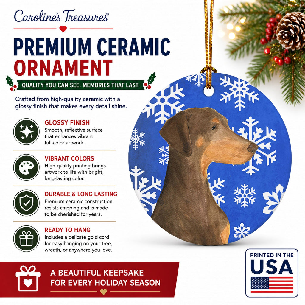 Doberman Winter Snowflakes Holiday Ceramic Ornament Christmas Tree Hanging Decorations for Home Christmas Holiday, Party, Gift, 3 in, Multicolor