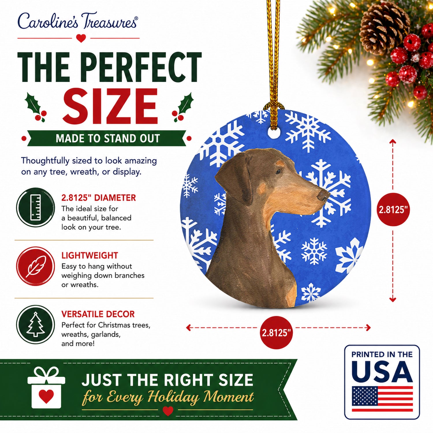 Doberman Winter Snowflakes Holiday Ceramic Ornament Christmas Tree Hanging Decorations for Home Christmas Holiday, Party, Gift, 3 in, Multicolor