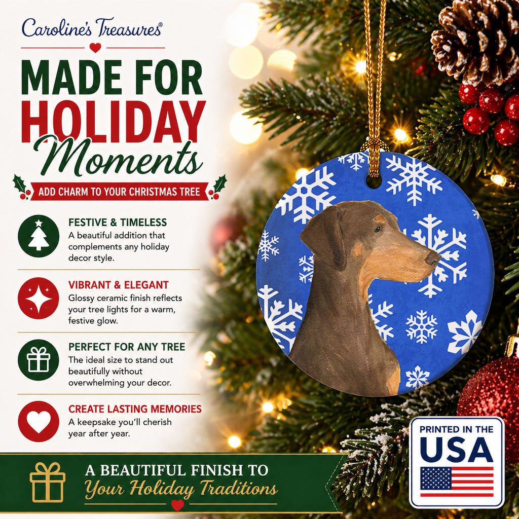 Doberman Winter Snowflakes Holiday Ceramic Ornament Christmas Tree Hanging Decorations for Home Christmas Holiday, Party, Gift, 3 in, Multicolor