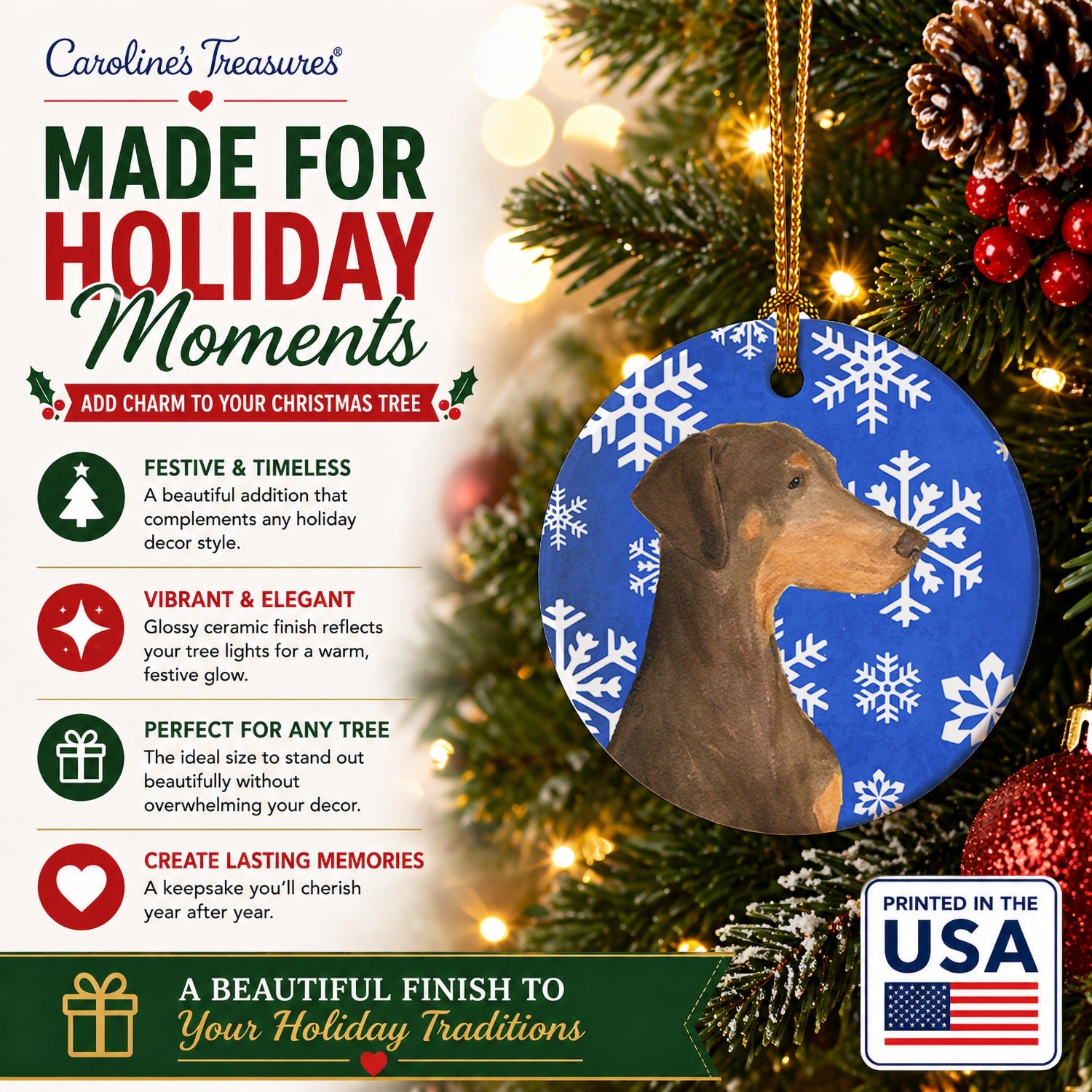 Doberman Winter Snowflakes Holiday Ceramic Ornament Christmas Tree Hanging Decorations for Home Christmas Holiday, Party, Gift, 3 in, Multicolor