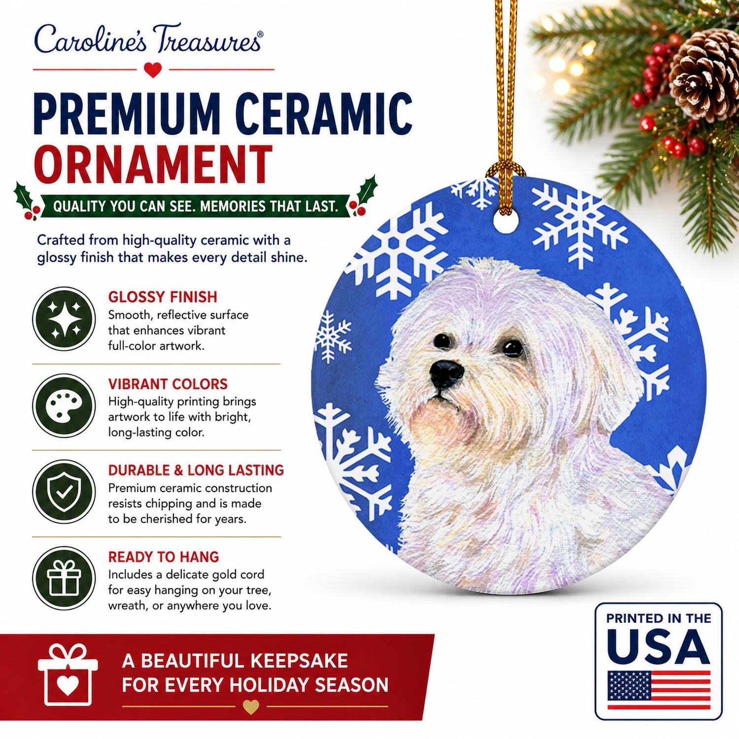 Maltese Winter Snowflakes Holiday Ceramic Ornament Christmas Tree Hanging Decorations for Home Christmas Holiday, Party, Gift, 3 in, Multicolor