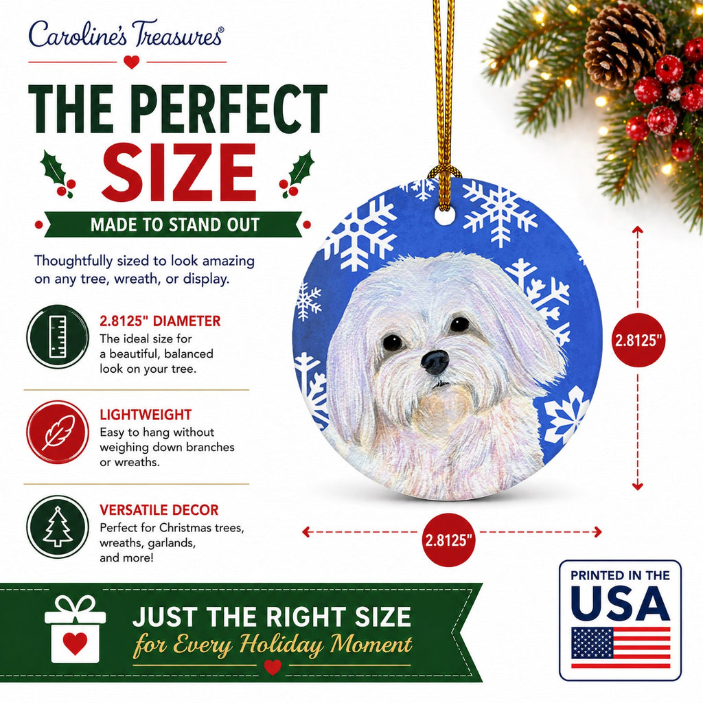 Maltese Winter Snowflakes Holiday Ceramic Ornament Christmas Tree Hanging Decorations for Home Christmas Holiday, Party, Gift, 3 in, Multicolor