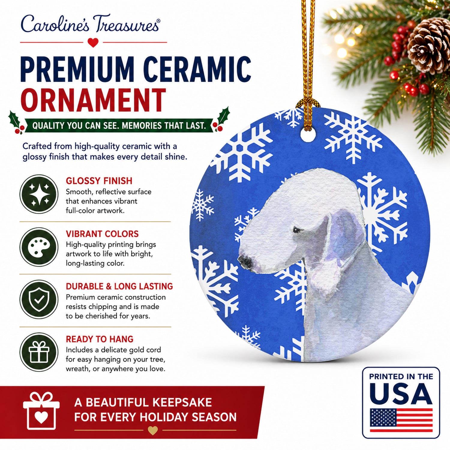 Bedlington Terrier Winter Snowflakes Holiday Ceramic Ornament Christmas Tree Hanging Decorations for Home Christmas Holiday, Party, Gift, 3 in, Multicolor