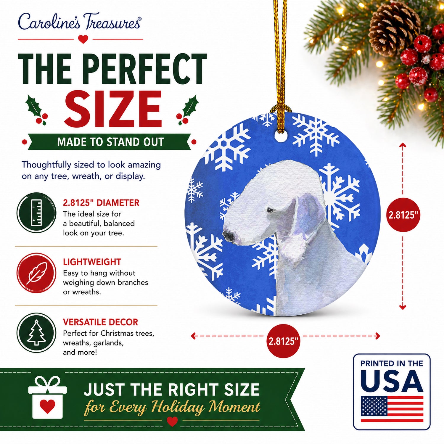 Bedlington Terrier Winter Snowflakes Holiday Ceramic Ornament Christmas Tree Hanging Decorations for Home Christmas Holiday, Party, Gift, 3 in, Multicolor
