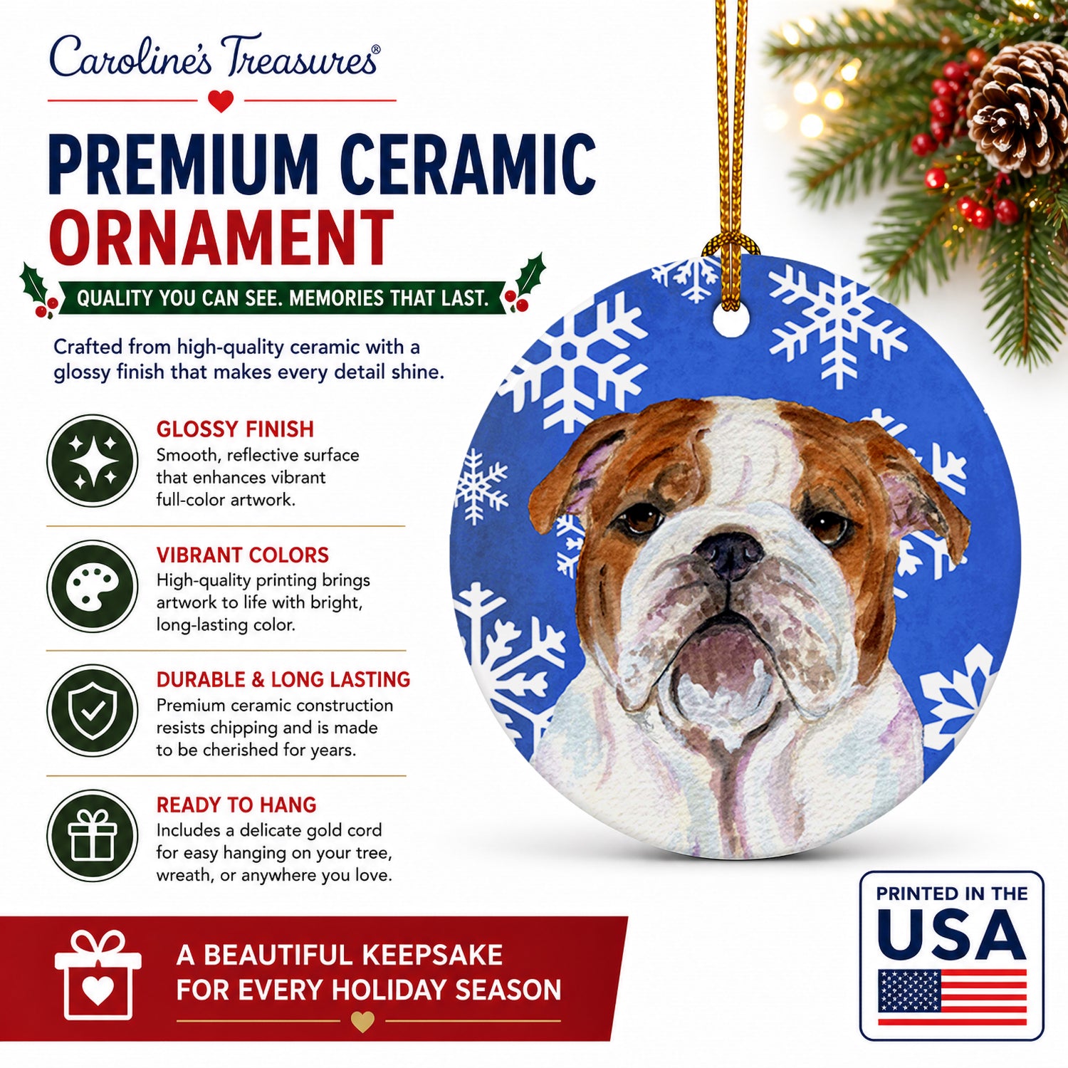 Bulldog English Winter Snowflakes Holiday Ceramic Ornament Christmas Tree Hanging Decorations for Home Christmas Holiday, Party, Gift, 3 in, Multicolor