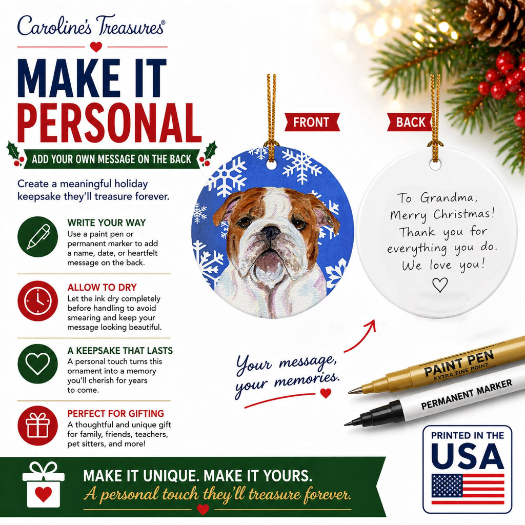 Bulldog English Winter Snowflakes Holiday Ceramic Ornament Christmas Tree Hanging Decorations for Home Christmas Holiday, Party, Gift, 3 in, Multicolor