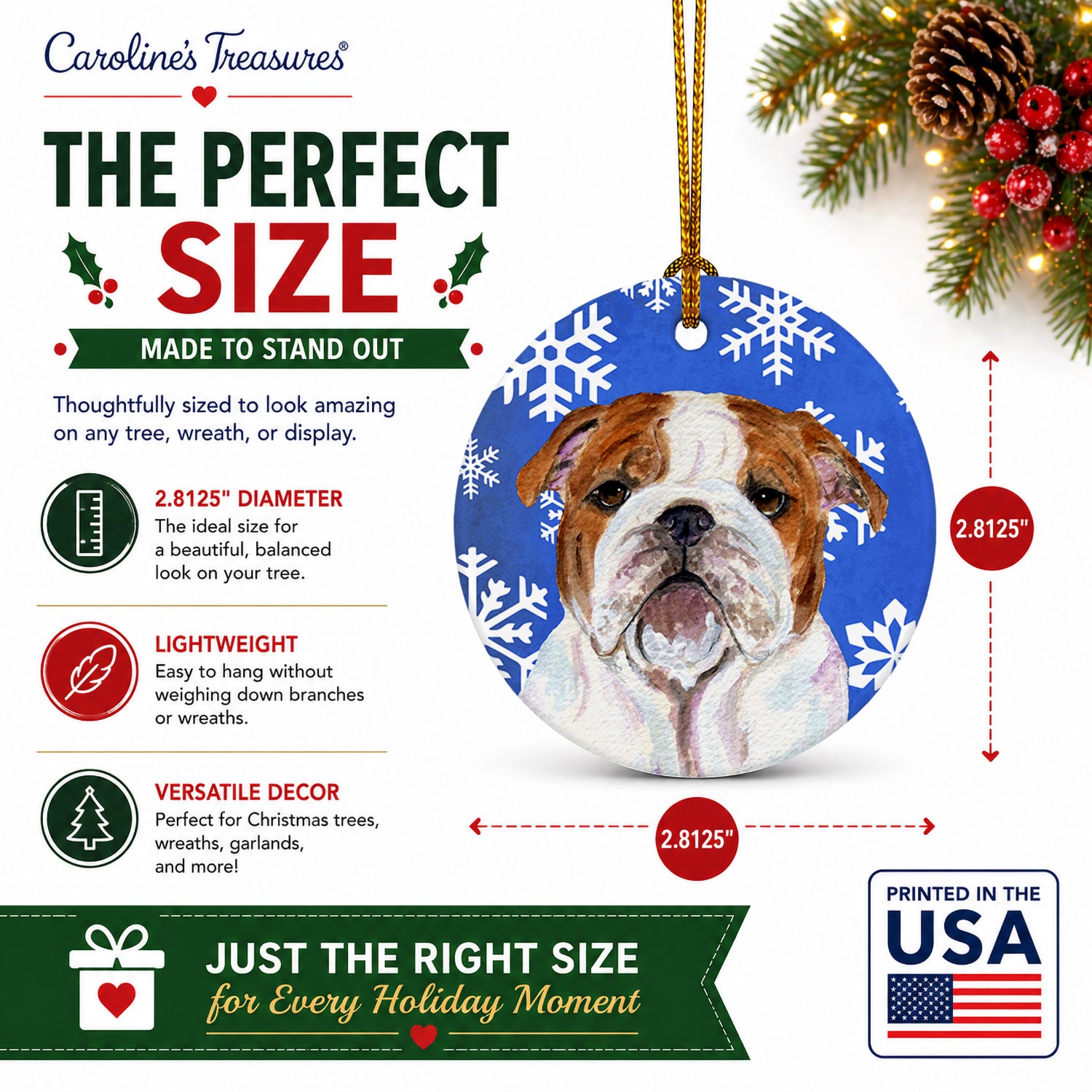 Bulldog English Winter Snowflakes Holiday Ceramic Ornament Christmas Tree Hanging Decorations for Home Christmas Holiday, Party, Gift, 3 in, Multicolor