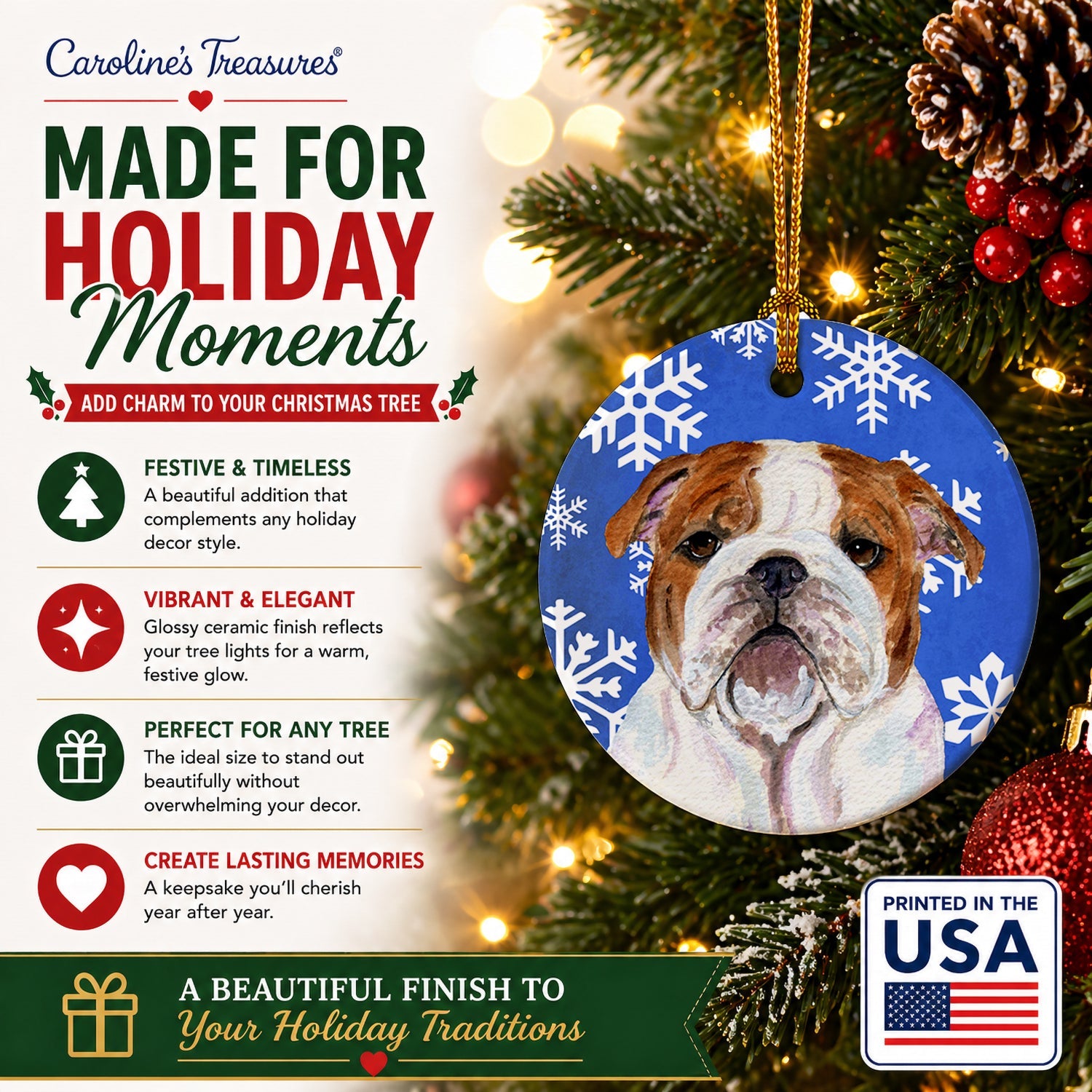 Bulldog English Winter Snowflakes Holiday Ceramic Ornament Christmas Tree Hanging Decorations for Home Christmas Holiday, Party, Gift, 3 in, Multicolor