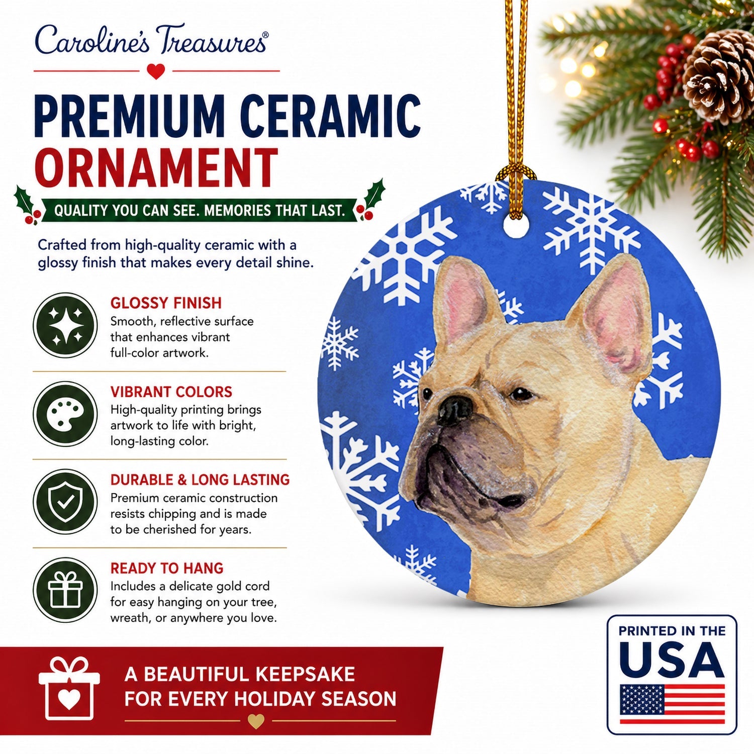 French Bulldog Winter Snowflakes Holiday Ceramic Ornament Christmas Tree Hanging Decorations for Home Christmas Holiday, Party, Gift, 3 in, Multicolor