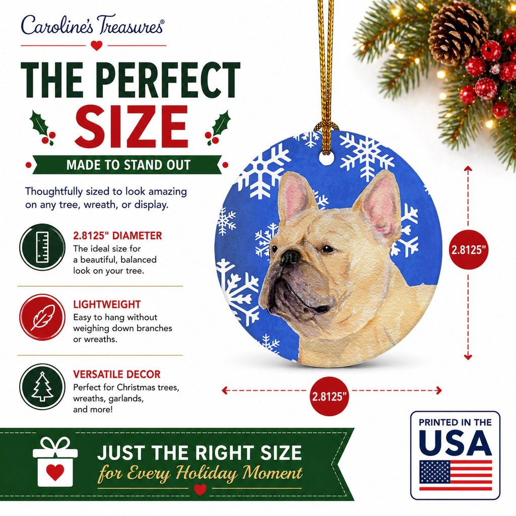 French Bulldog Winter Snowflakes Holiday Ceramic Ornament Christmas Tree Hanging Decorations for Home Christmas Holiday, Party, Gift, 3 in, Multicolor