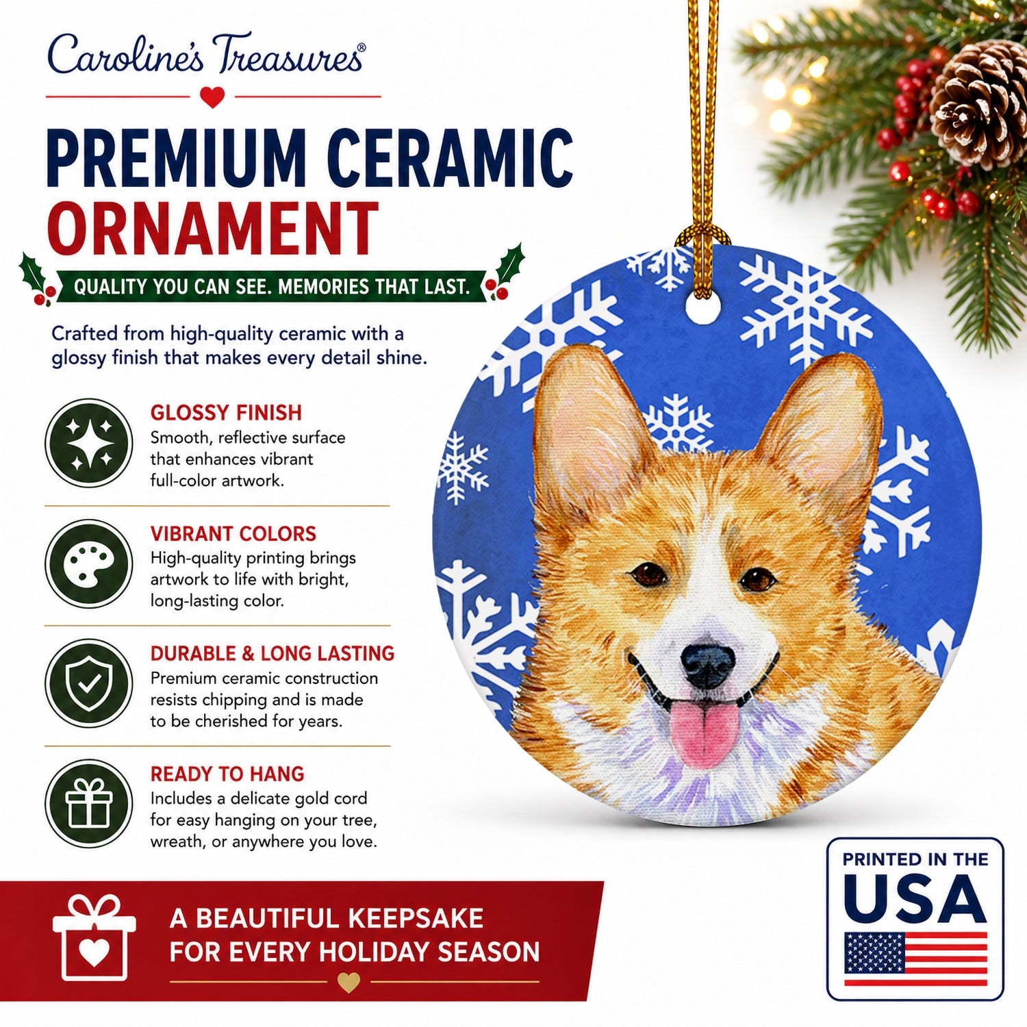 Corgi Winter Snowflakes Holiday Ceramic Ornament Christmas Tree Hanging Decorations for Home Christmas Holiday, Party, Gift, 3 in, Multicolor