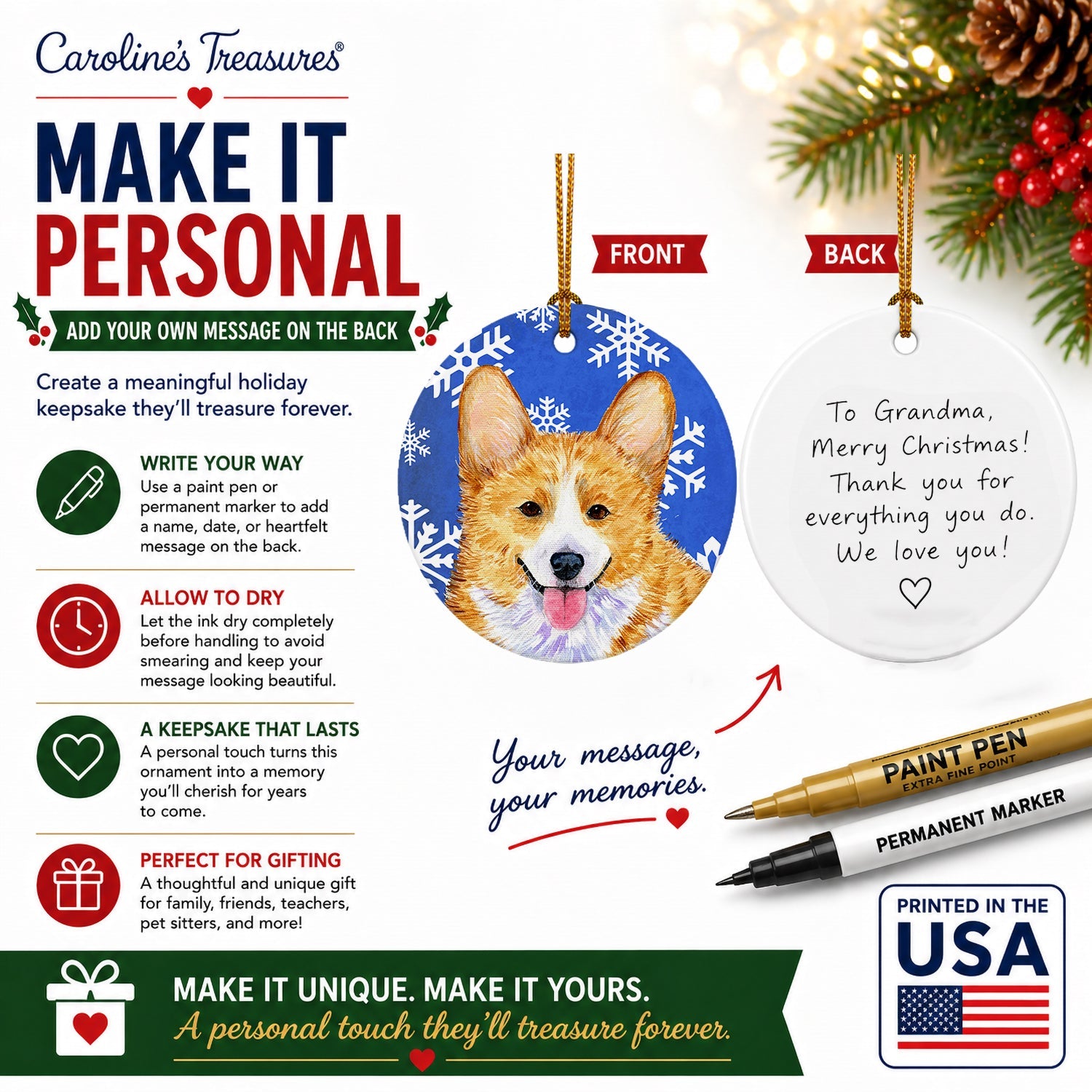 Corgi Winter Snowflakes Holiday Ceramic Ornament Christmas Tree Hanging Decorations for Home Christmas Holiday, Party, Gift, 3 in, Multicolor
