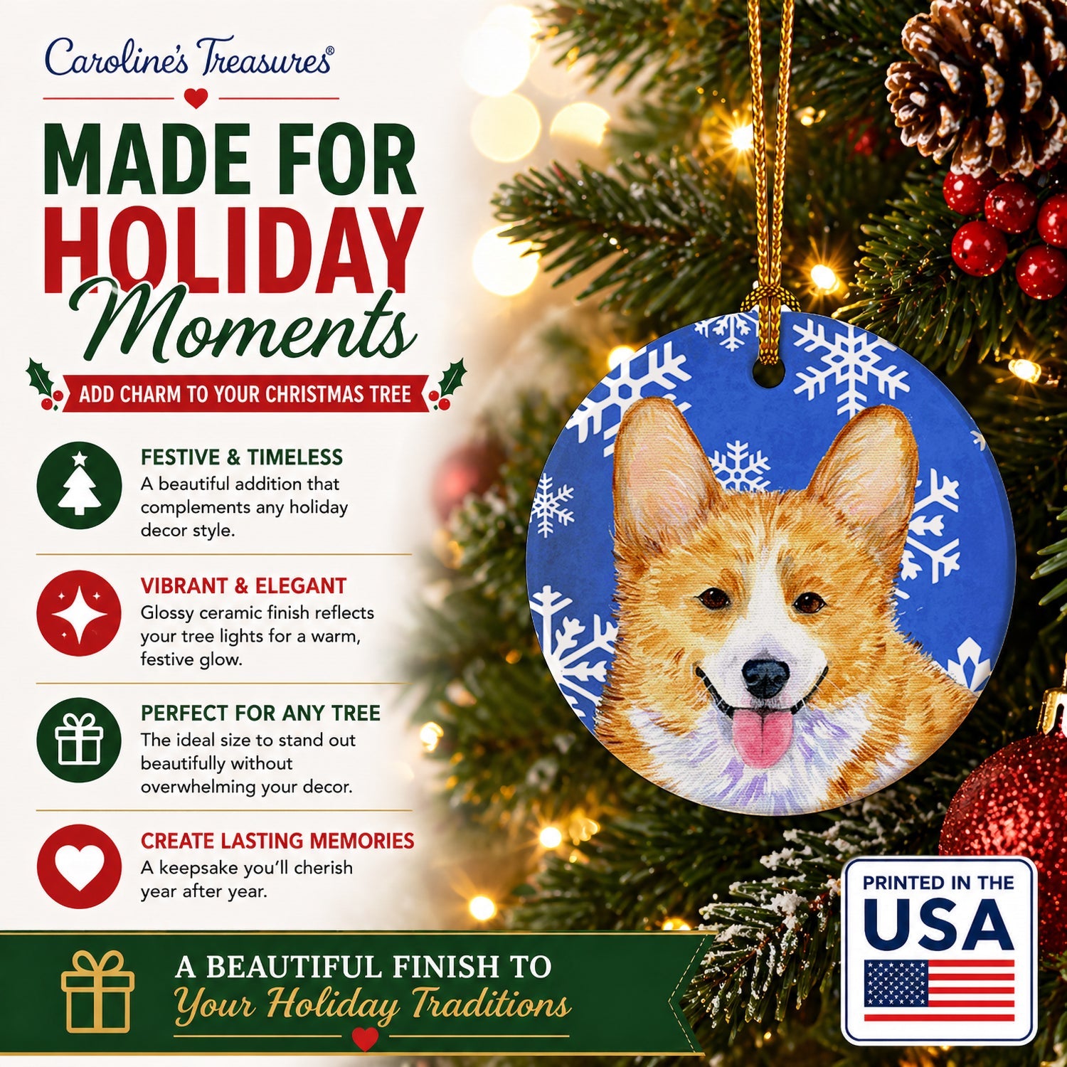 Corgi Winter Snowflakes Holiday Ceramic Ornament Christmas Tree Hanging Decorations for Home Christmas Holiday, Party, Gift, 3 in, Multicolor