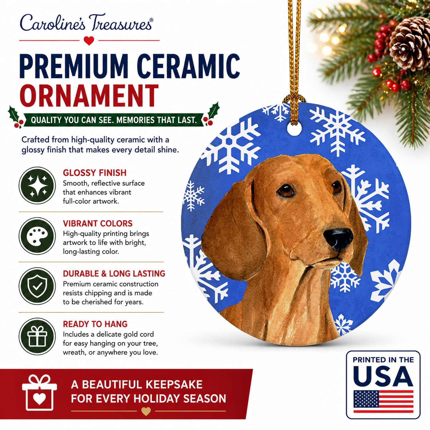Dachshund Winter Snowflakes Holiday Ceramic Ornament Christmas Tree Hanging Decorations for Home Christmas Holiday, Party, Gift, 3 in, Multicolor