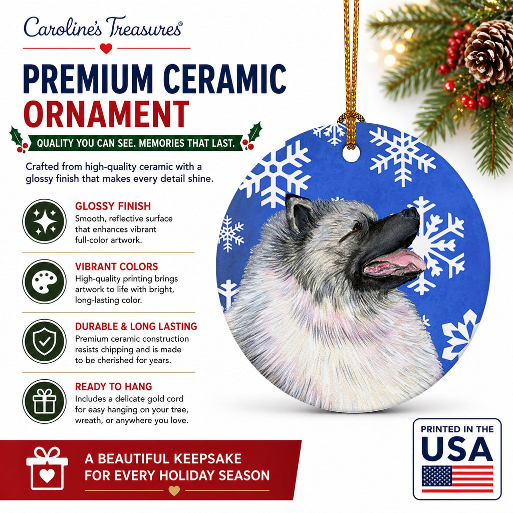 Keeshond Winter Snowflakes Holiday Ceramic Ornament Christmas Tree Hanging Decorations for Home Christmas Holiday, Party, Gift, 3 in, Multicolor