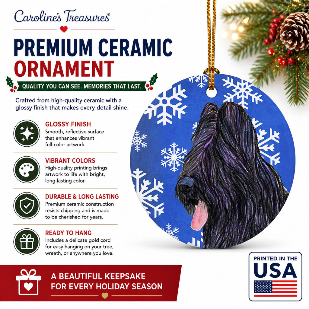 Briard Winter Snowflakes Holiday Ceramic Ornament Christmas Tree Hanging Decorations for Home Christmas Holiday, Party, Gift, 3 in, Multicolor