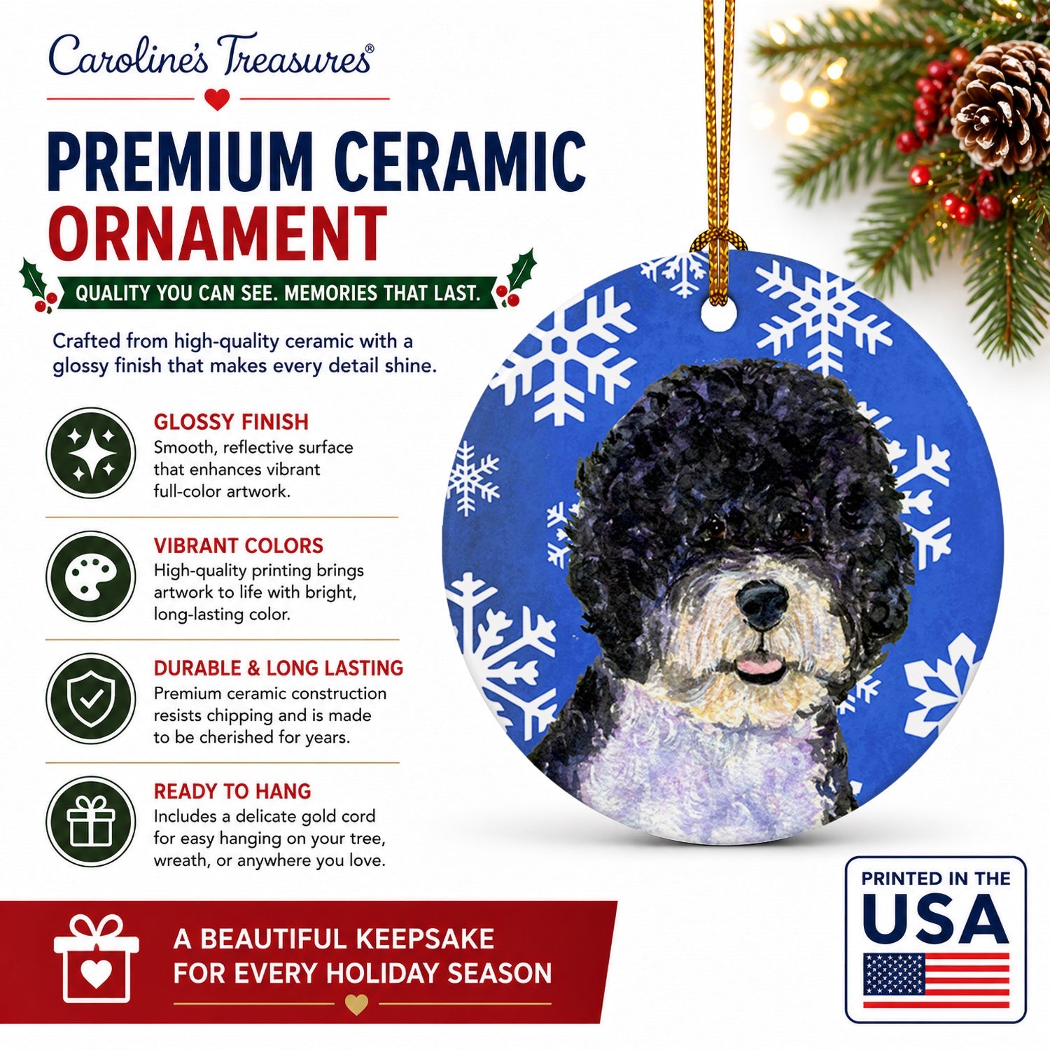 Portuguese Water Dog Winter Snowflakes Holiday Ceramic Ornament Christmas Tree Hanging Decorations for Home Christmas Holiday, Party, Gift, 3 in, Multicolor