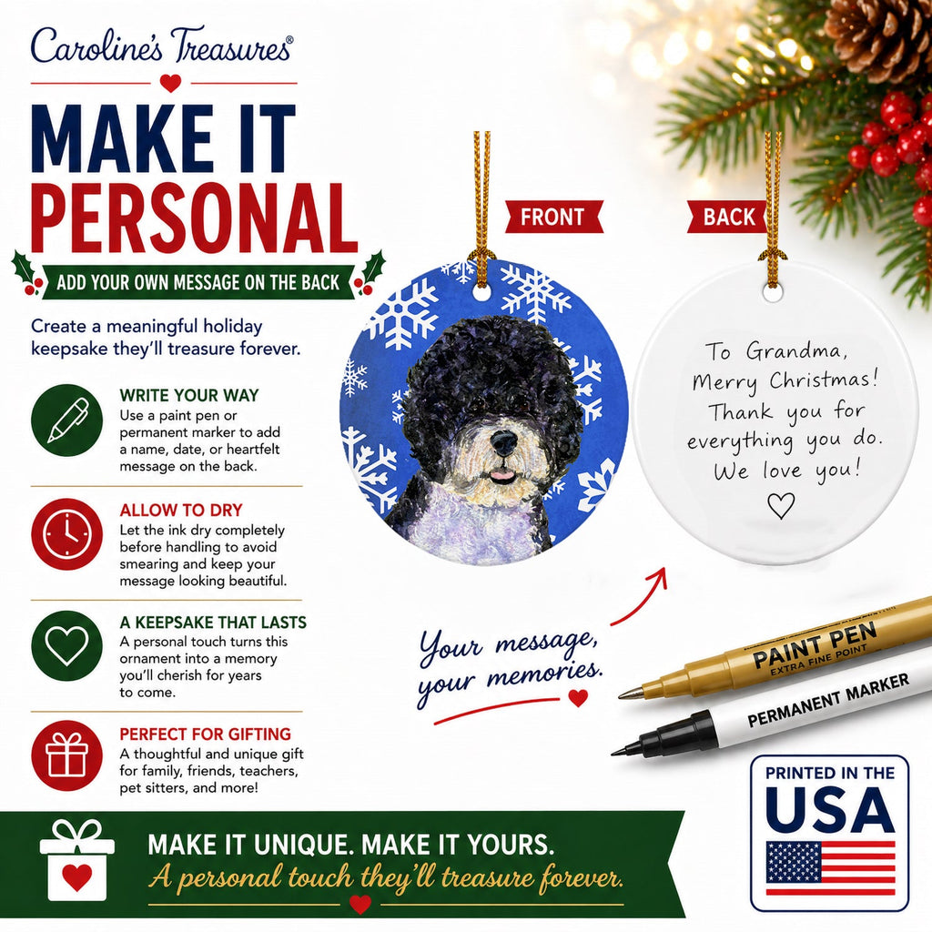 Portuguese Water Dog Winter Snowflakes Holiday Ceramic Ornament Christmas Tree Hanging Decorations for Home Christmas Holiday, Party, Gift, 3 in, Multicolor